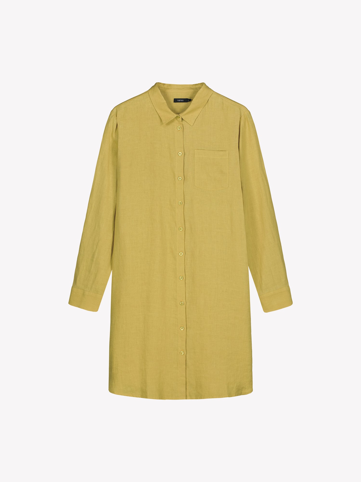Naisten rento ja pitkä keltainen Pellava-paitapusero tuotekuvassa edestä kuvattuna.