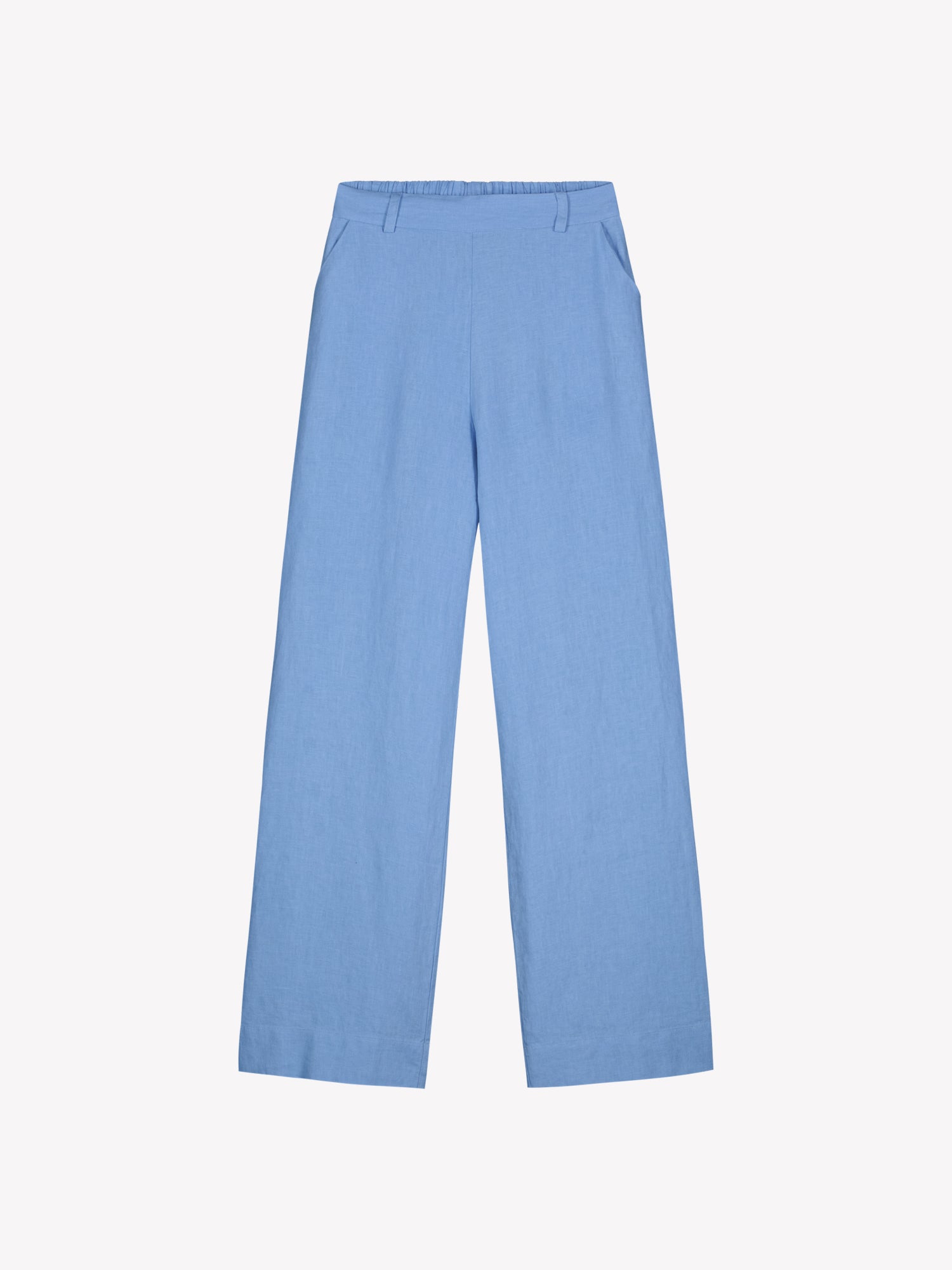 Nanson naisten siniset pitkät Saari-pellavahousut tuotekuvassa edestä.