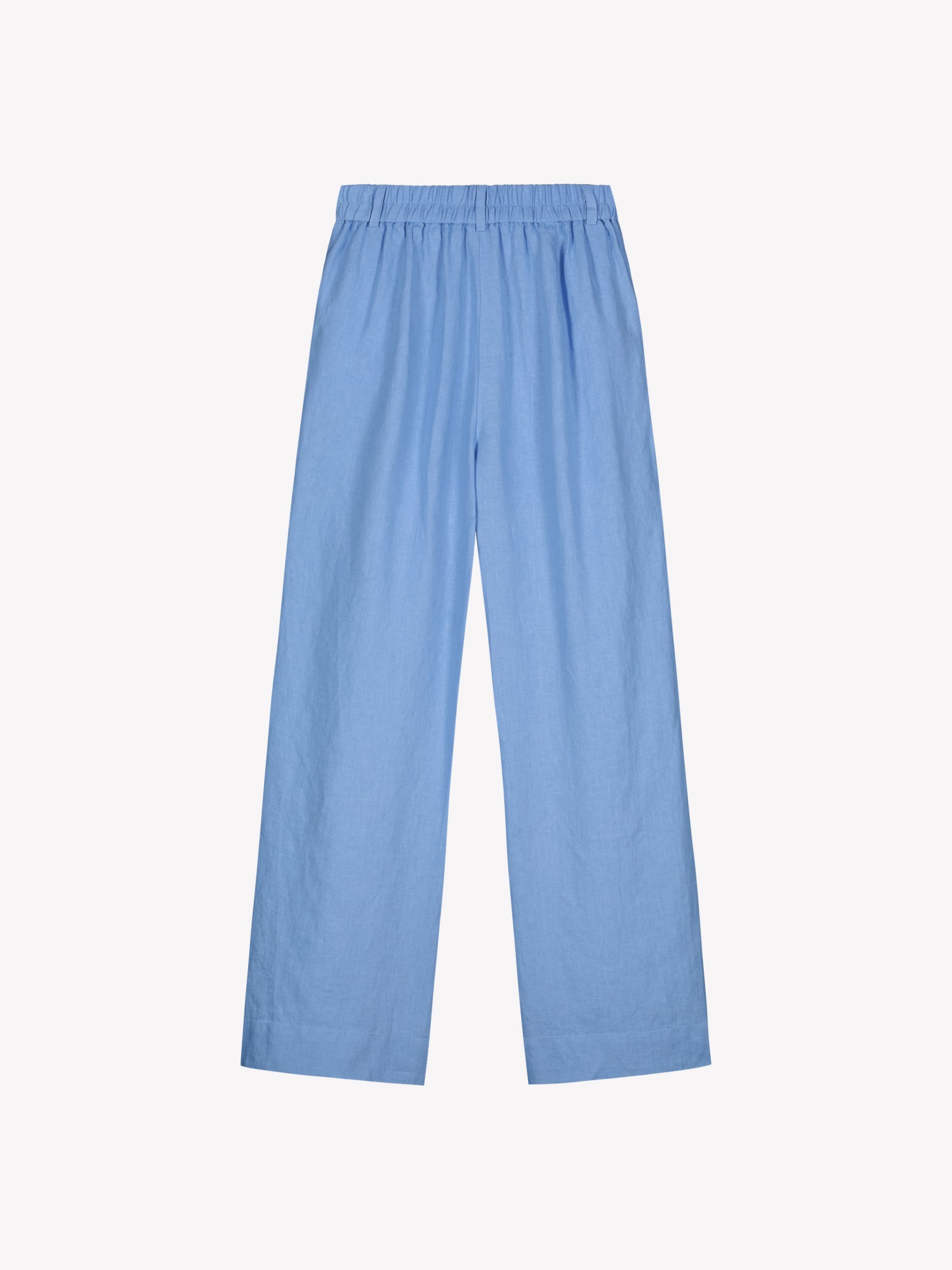 Nanson naisten siniset pitkät Saari-pellavahousut tuotekuvassa takaa.