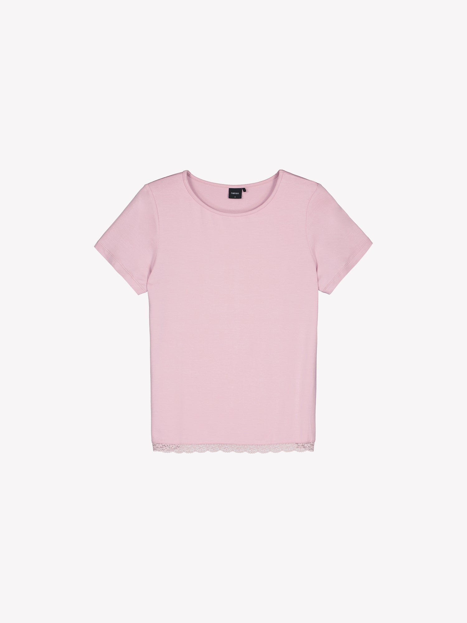 Naisten ylellisen pehmeä vaaleanpunainen Pitsi-pusero lyhyillä hihoilla tuotekuvassa.