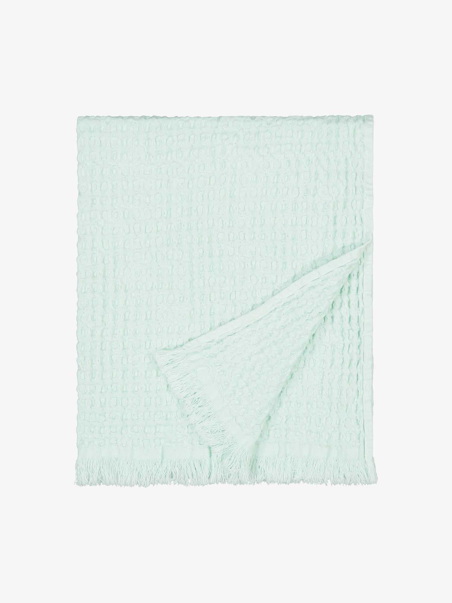 Nanson mintun sävyinen Vohveli-käsipyyhe tuotekuvassa viikattuna.