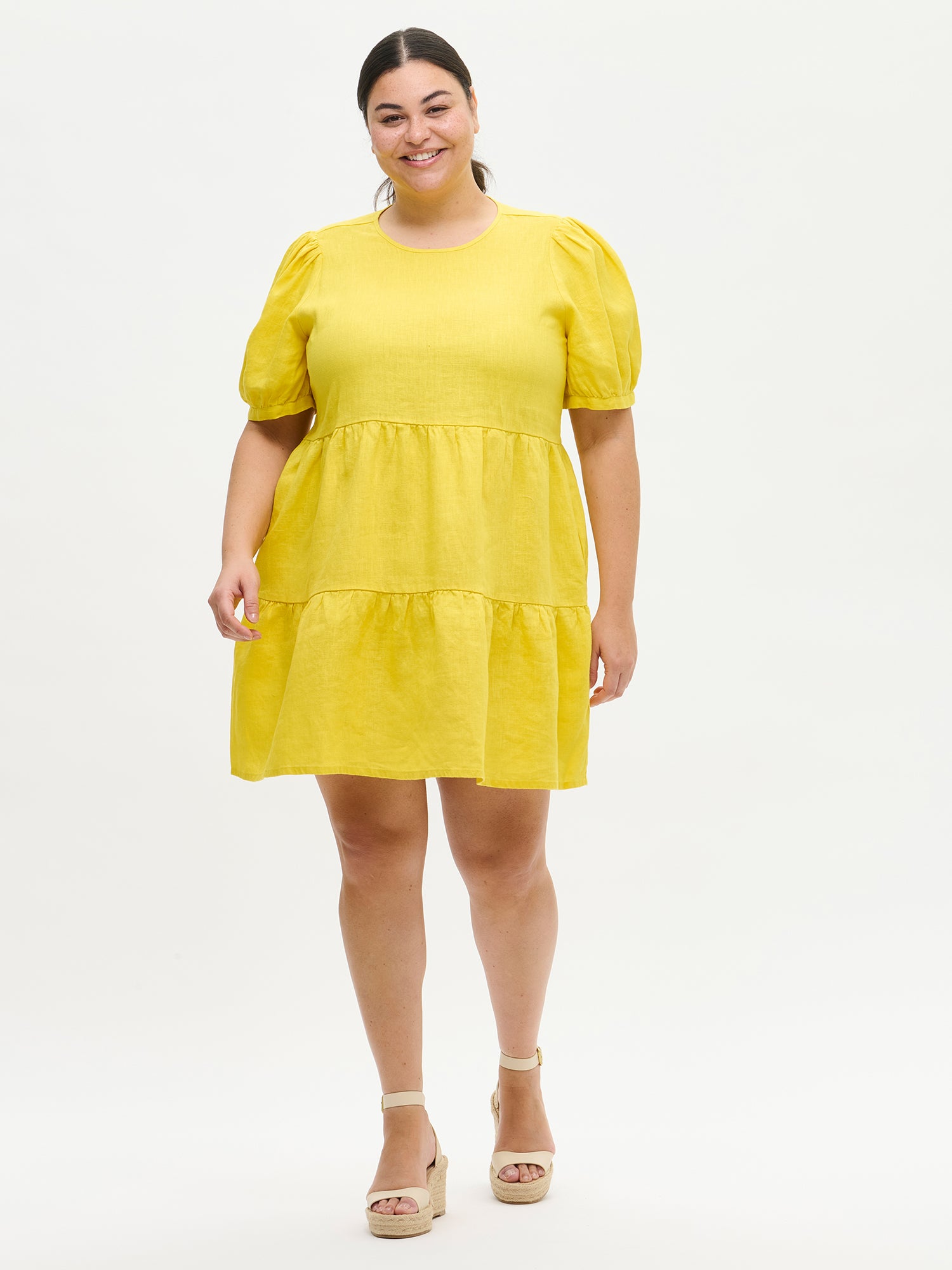 SARASTUS naisten lyhyt pellavamekko - keltainen