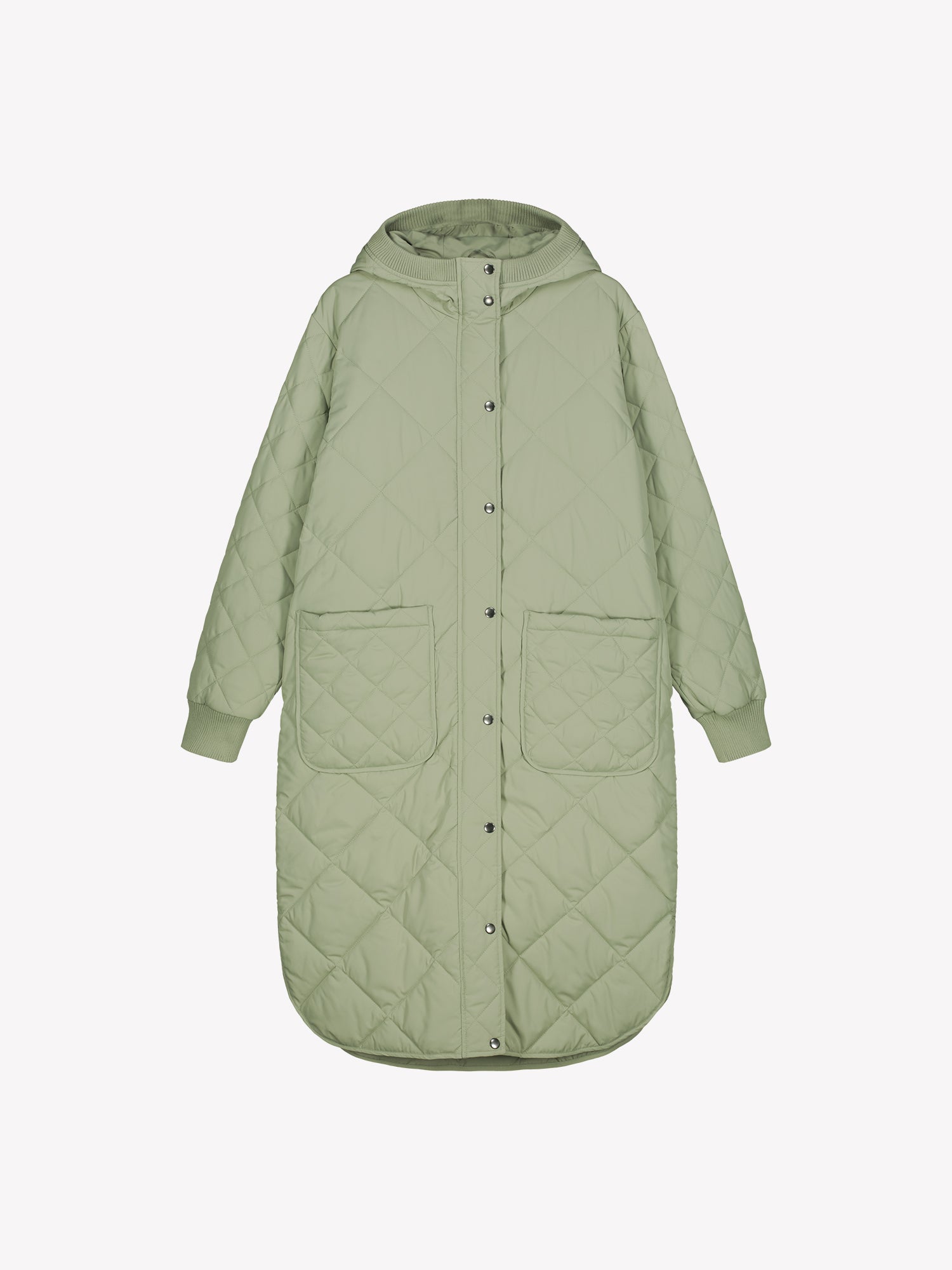 Nanson naisten rennon tyylikäs vihreä Maxi Hood-tikkitakki kevyellä vanulla ja lämpimällä hupulla. Hupullinen tikkitakki on täydellinen valinta välikauteen. Tuotekuva edestä.