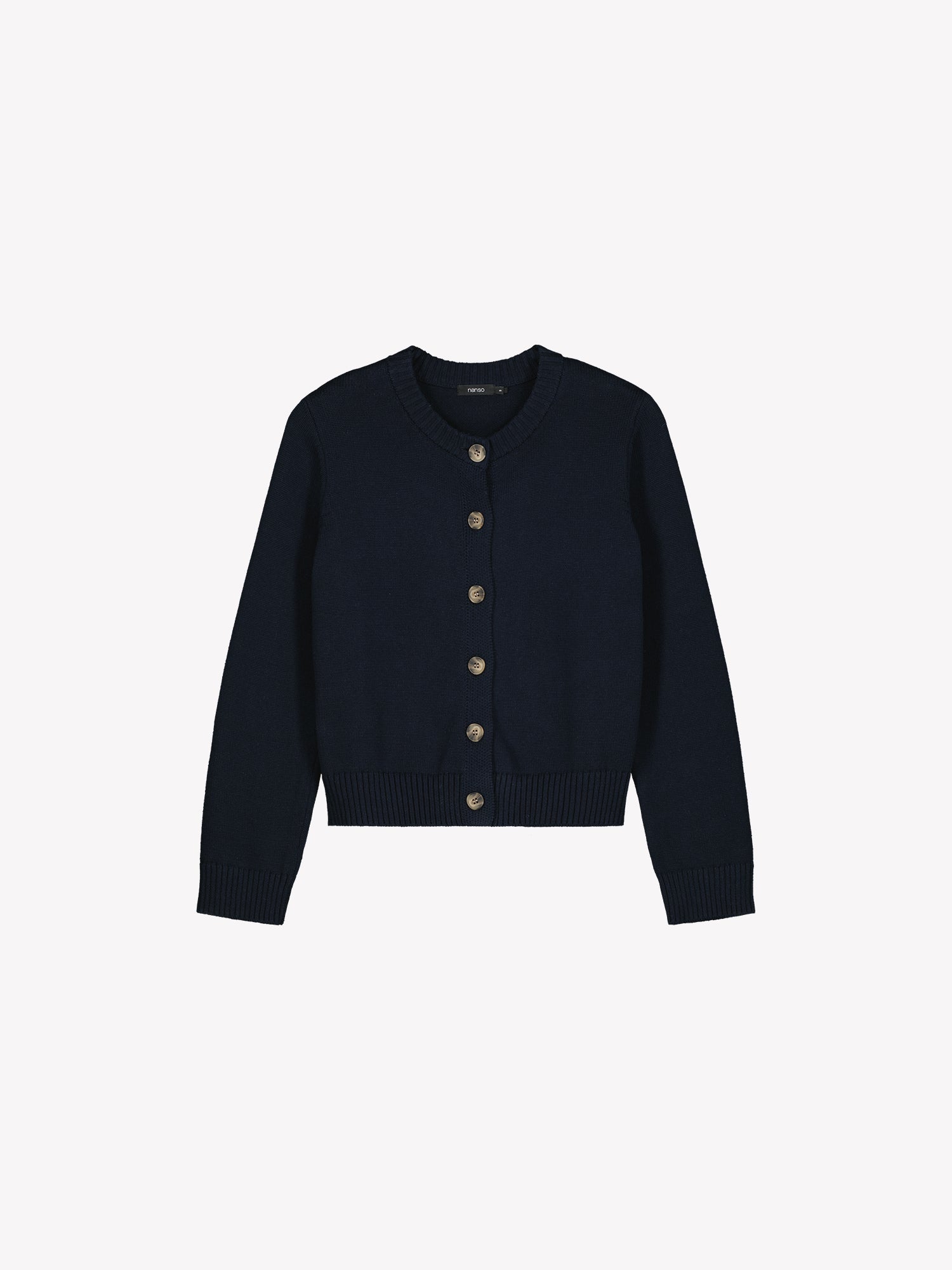 Nanson naisten pitkähihainen ja suoralinjainen tummansininen Mira-neuletakki tuotekuvassa.