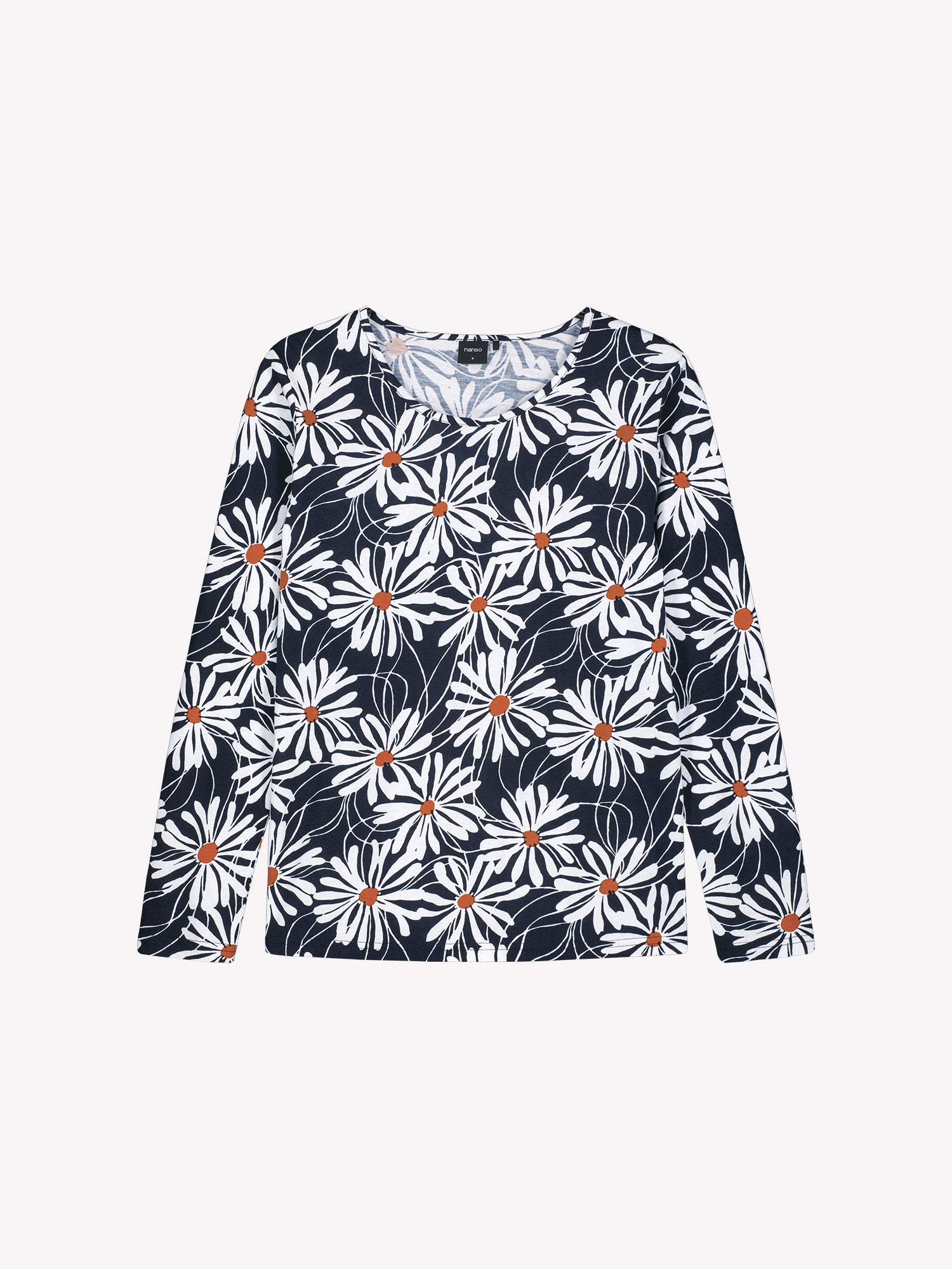 Pyjamasetin pitkähihainen paita kukkakuviolla sinisessä värissä tuotekuvassa.