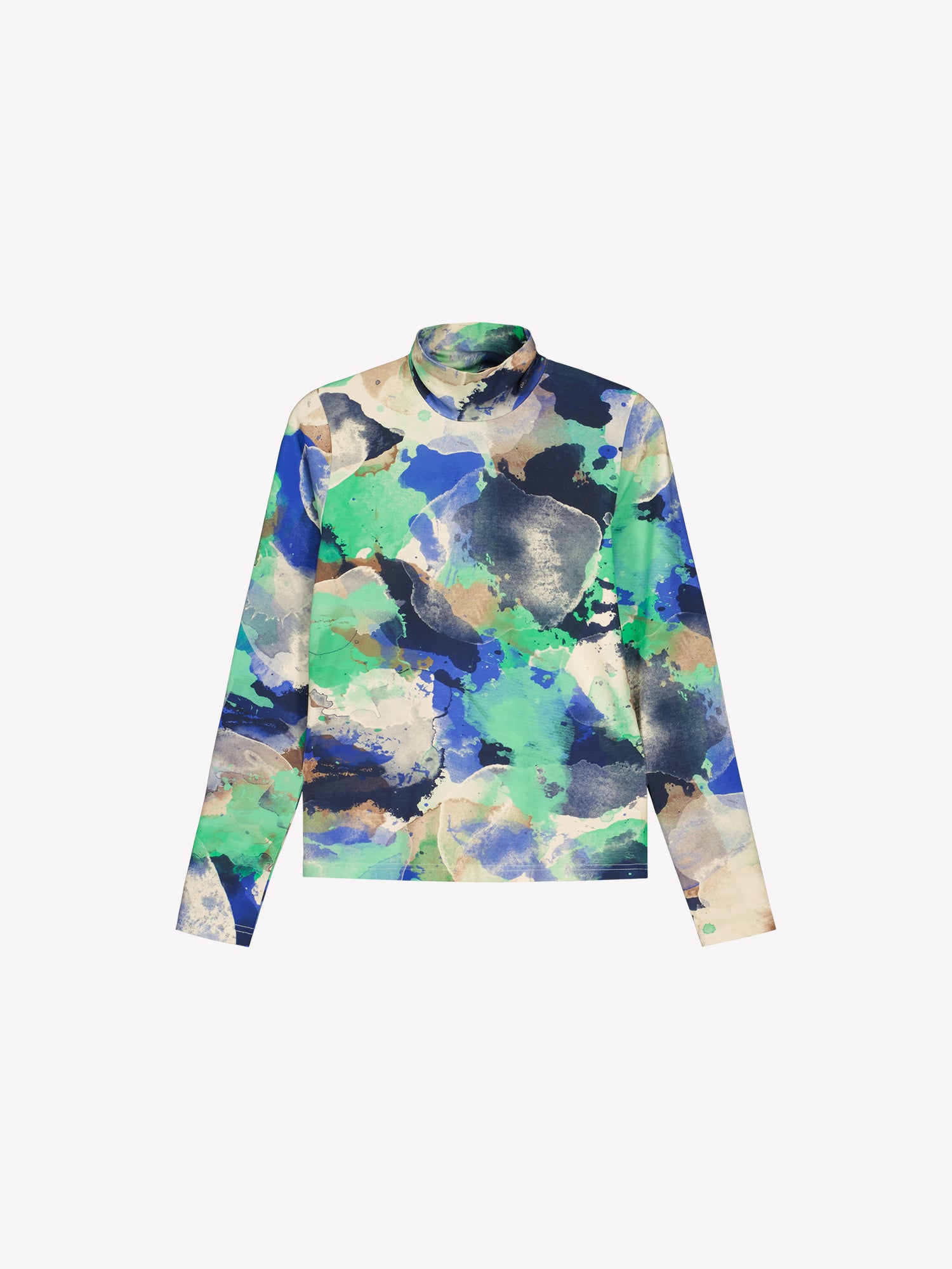 Naisten kuviollinen Sirius-pusero näyttävällä abstraktilla kuosilla ja poolokauluksella. Materiaalina laadukas joustava puuvilla-elastaanineulos. Tuotekuva edestä.