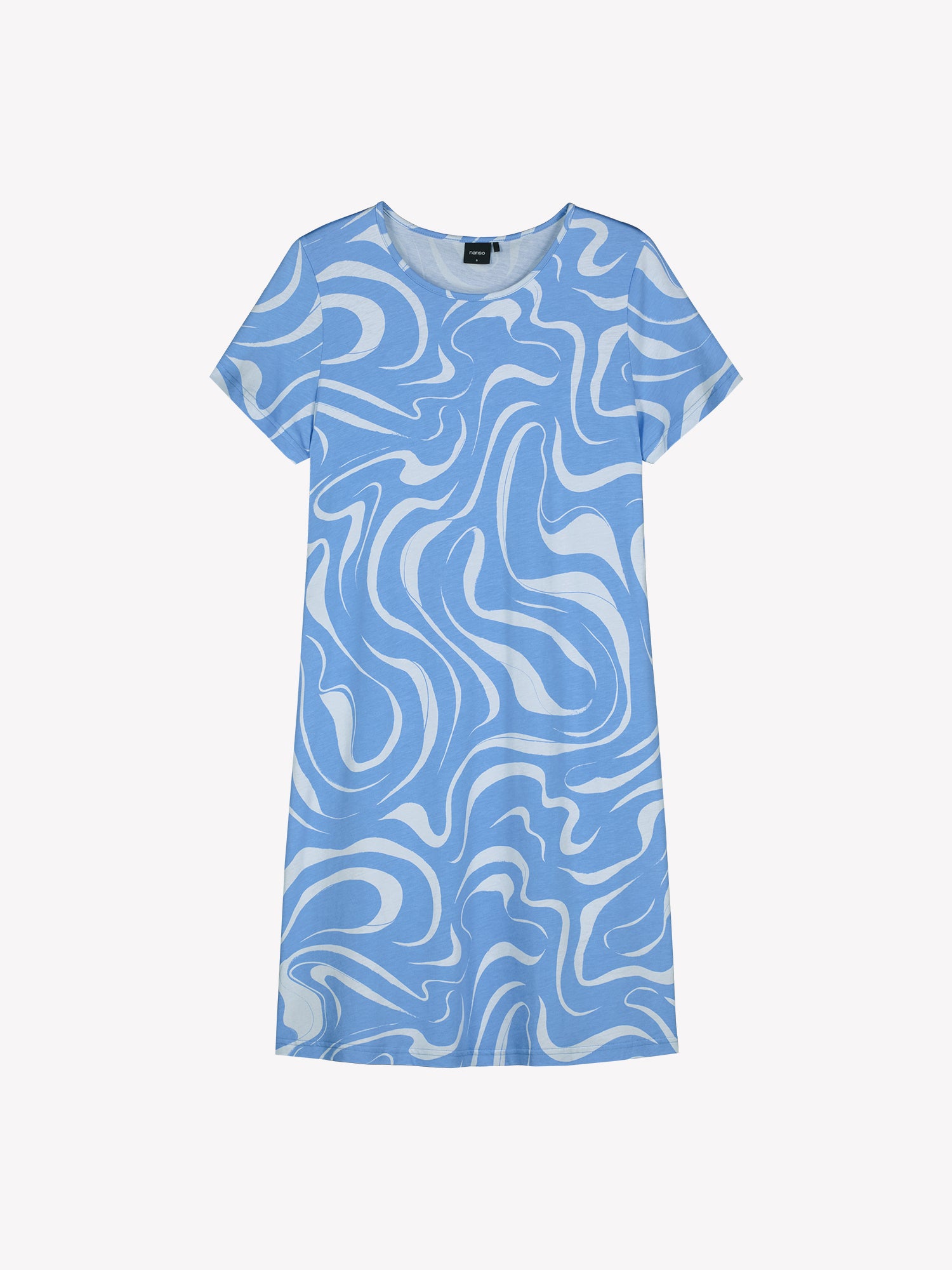 Nanson naisten sininen kuosillinen Vesi-yöpaita lyhyillä hihoilla ja pyöreällä pääntiellä. Materiaalinen pehmeä puuvilla-modaali. Tuotekuva edestä.