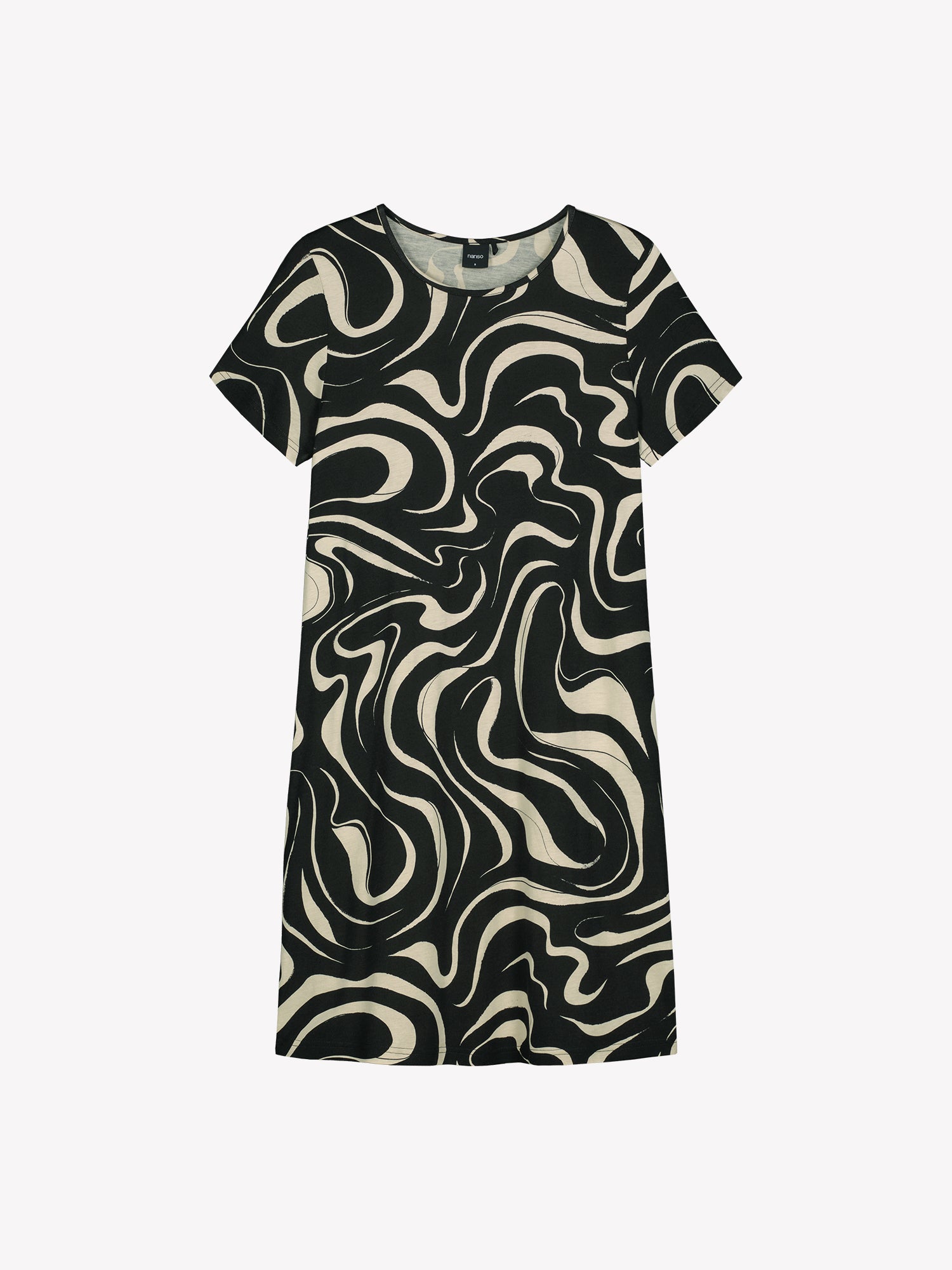 Nanson naisten beige kuosillinen Vesi-yöpaita lyhyillä hihoilla ja pyöreällä pääntiellä. Materiaalinen pehmeä puuvilla-modaali. Tuotekuva edestä.