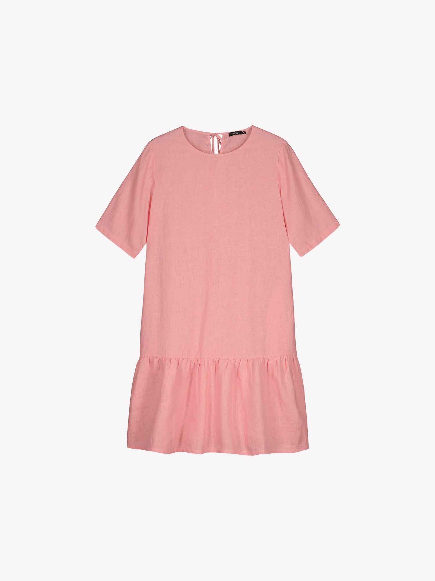 Nanson naisten kaunis ja ihanan rennon mallinen vaaleanpunainen Liisu-pellavamekko, jonka helmassa on runsas frilla, tuotekuvassa.