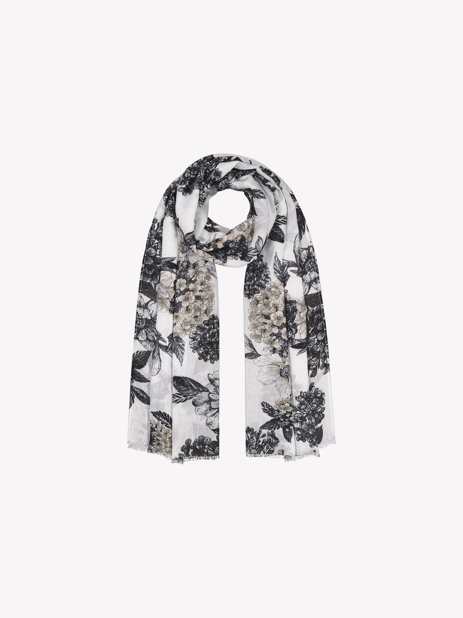 Naisten tyylikäs kuviollinen Palatsi-huivi, jossa on herkkä musta kukkakuosi valkoisella pohjasävyllä tuotekuvassa.