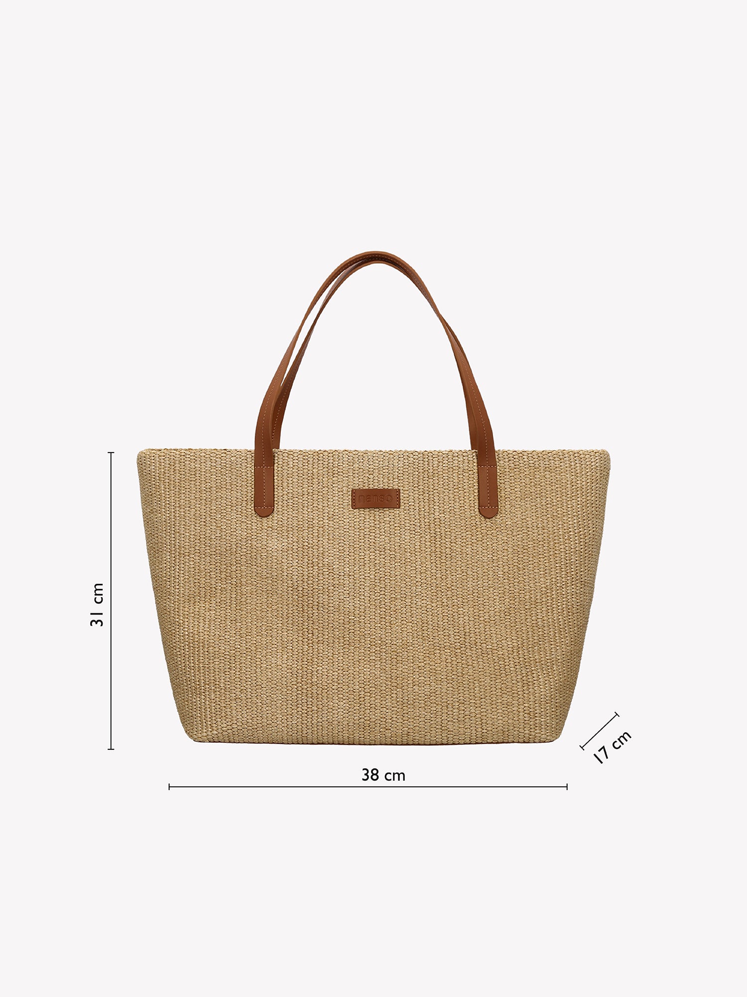 Nanson olkipunos-tyylinen Kori Tote- laukku tuotekuvassa, jossa laukun mitat: korkeus 31 cm, leveys 38 cm ja ohjan syvyys 17 cm