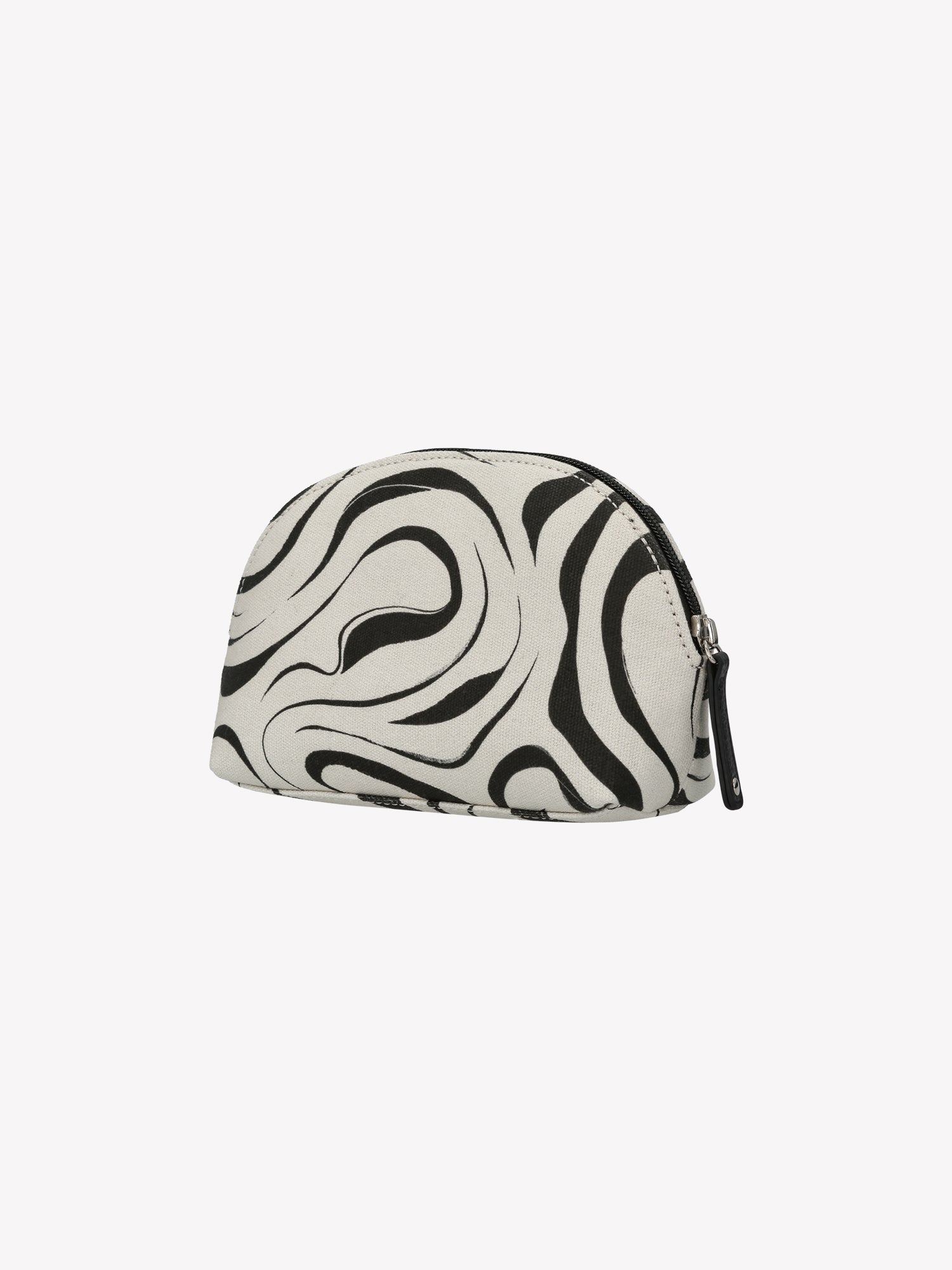 Nanson mustavalkoinen Vesi Mini -kosmetiikkalaukku kauniilla kaksisävyisellä kuosilla tuotekuvassa takaa päin kuvattuna.