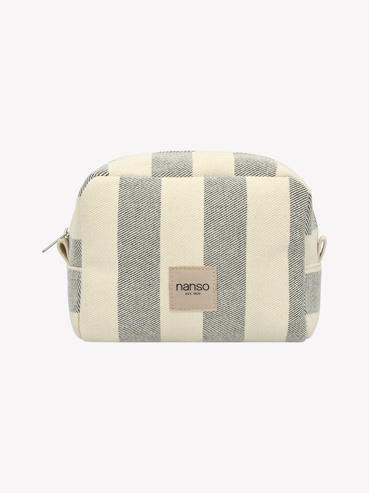 Nanson raidallinen mustavalkoinen Mini Amalfi Beach-kosmetiikkalaukku tuotekuvassa.