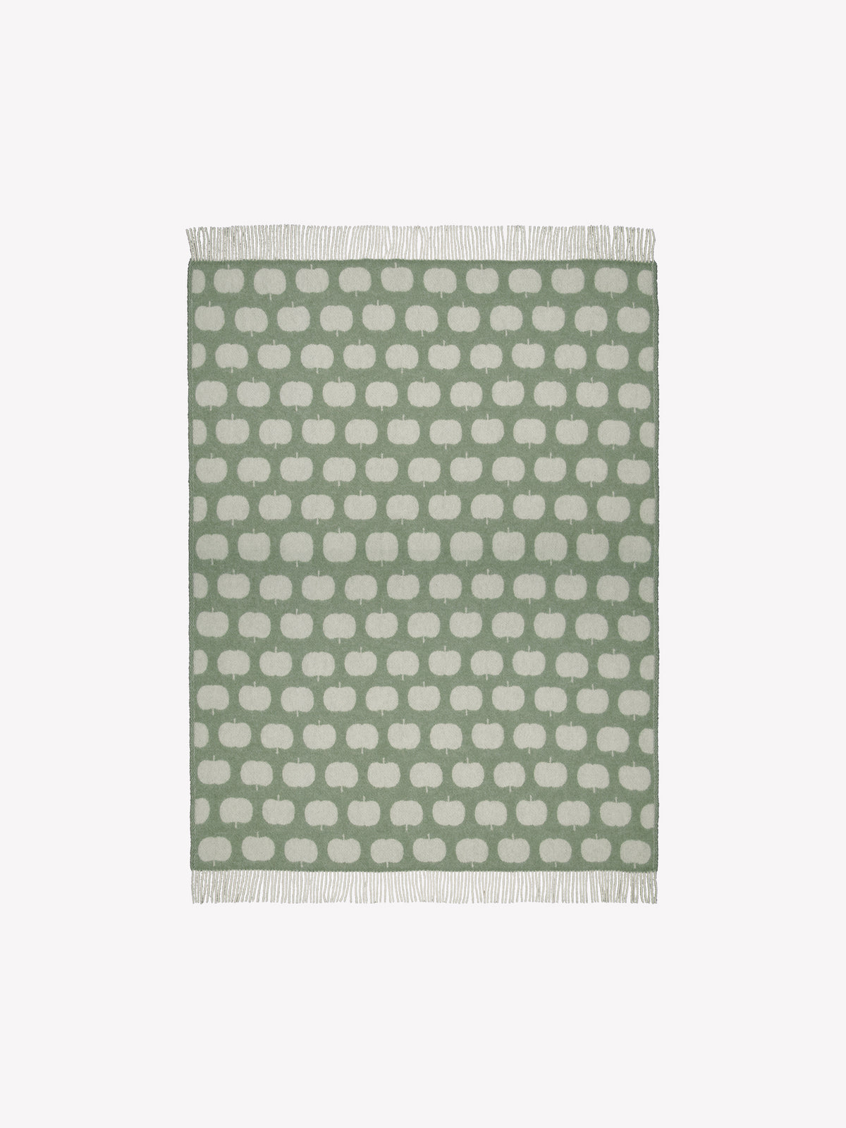 Nanson villainen vihreän sävyinen Omppu-villahuopa, jonka lyhyitä sivuja koristaa kierrehapsut. Villahuopa on kudottu jacquard-tekniikalla. Tuotekuva auki.
