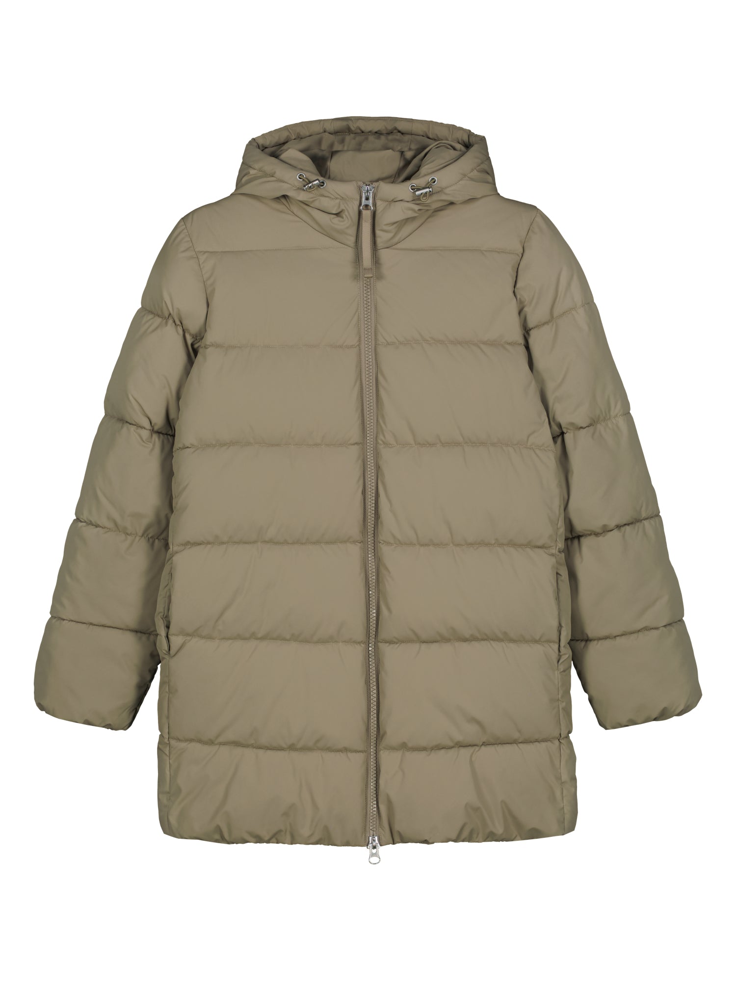 Lämmin ja muhkea beige Lumi-toppatakki miellyttävän kevyellä vanuvuorella. Tuotekuvassa edestä.