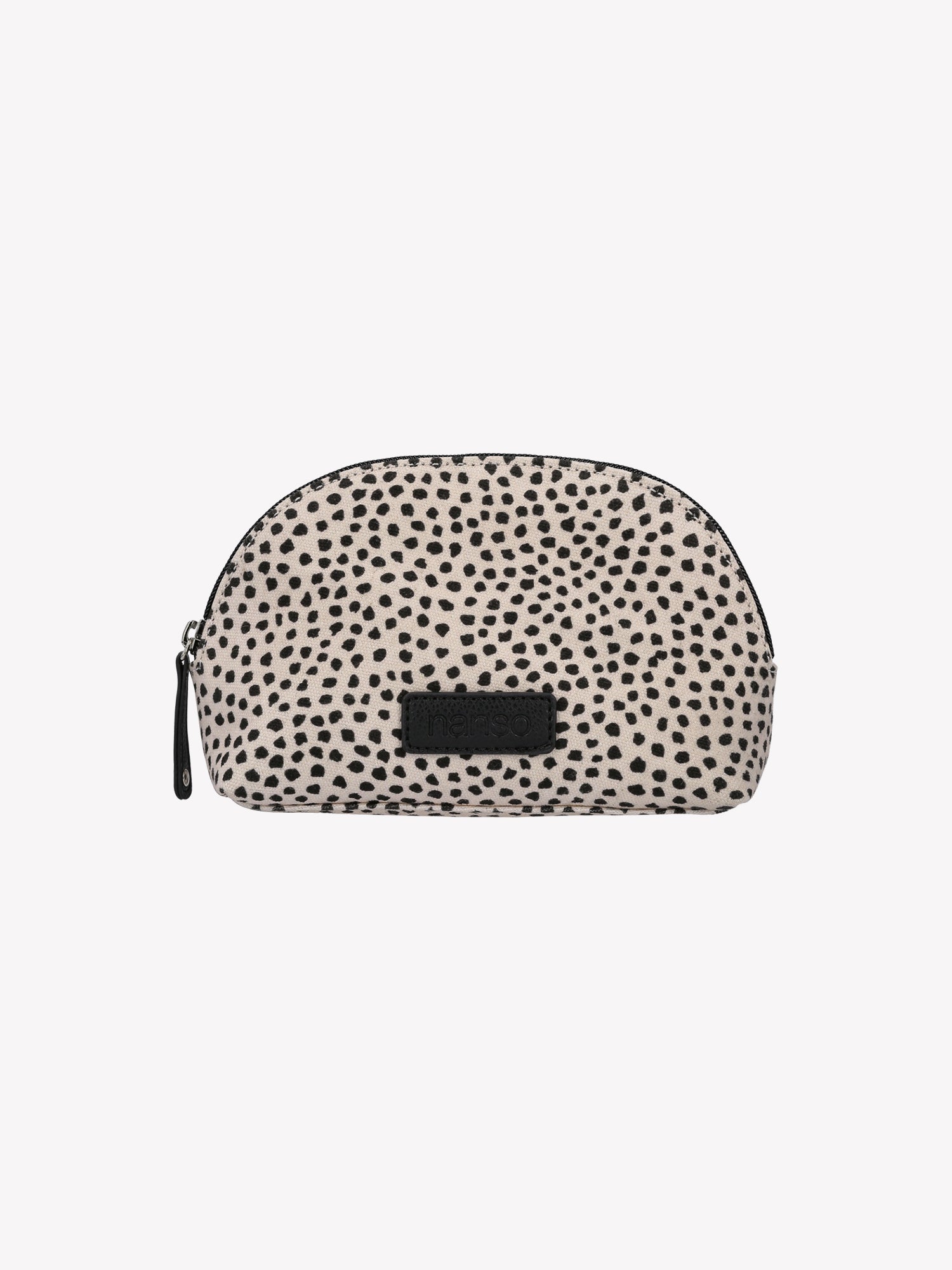 Nanson beige Muru mini-kosmetiikkalaukku ihastuttavalla sirolla pilkkukuviolla edestä