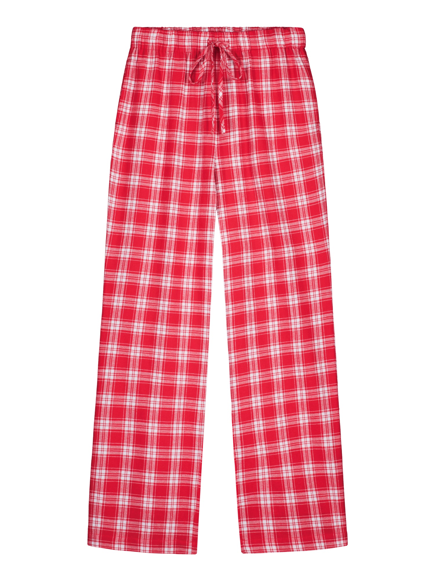 Nanson naisten punaiset ruutukuosiset flanellihousut tuotekuvassa edestä, täyspitkä malli, kuminauhavyötärö nyöreillä ja sivutaskut.