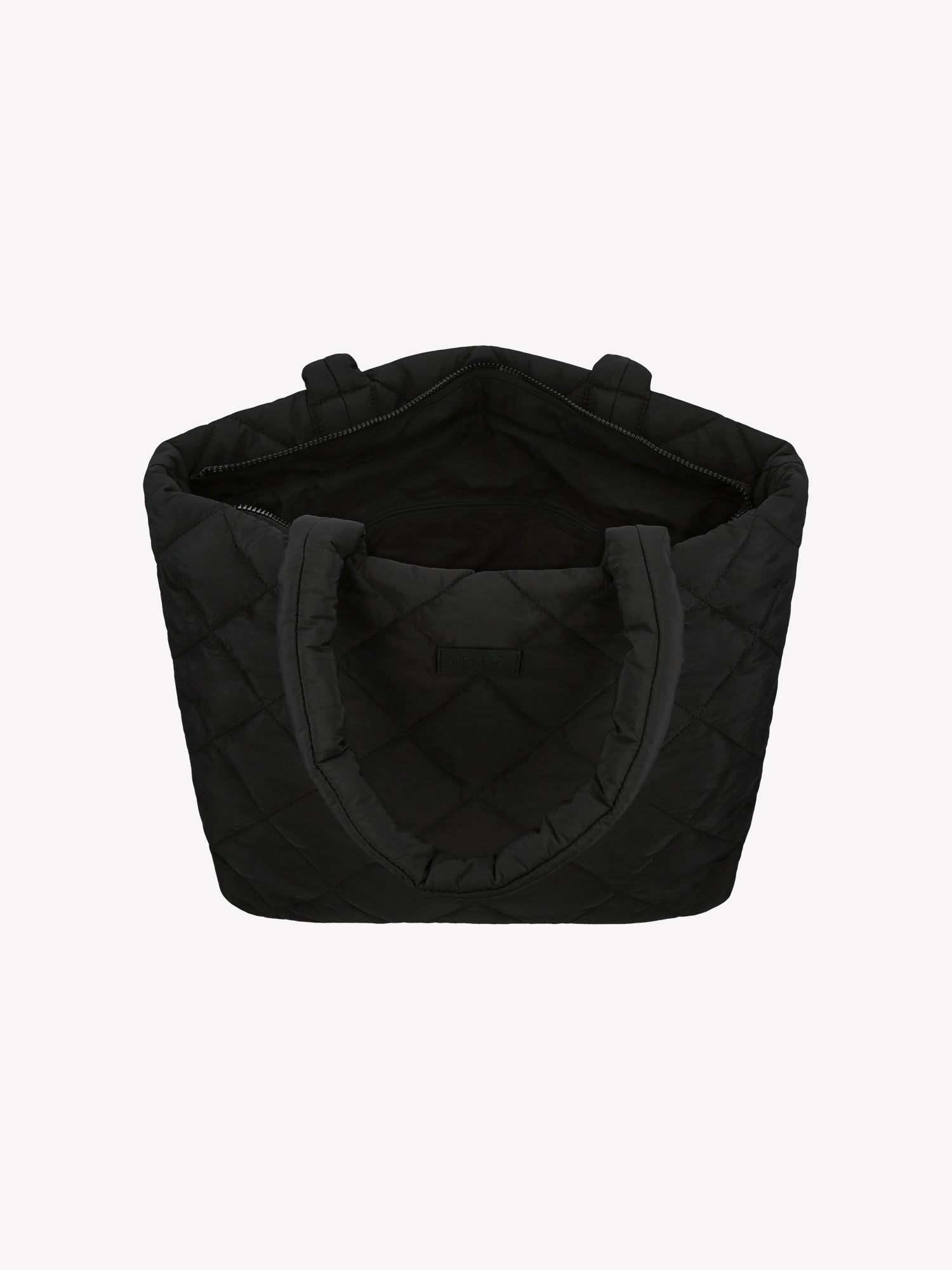 Nanson trendikäs tikkikankaasta valmistettu iso musta Maxi Vanu-totebag laukku auki