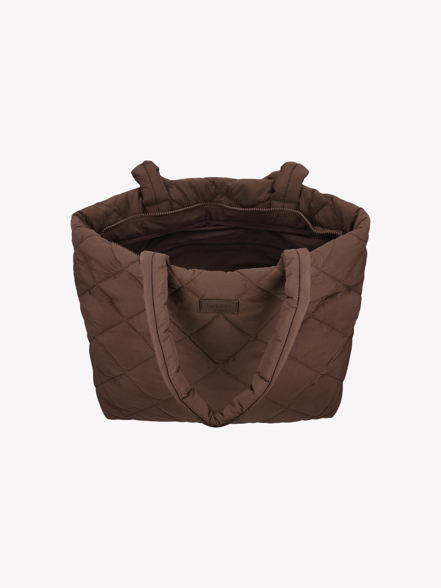 Nanson trendikäs tikkikankaasta valmistettu iso tummanruskea Maxi Vanu-totebag laukku auki