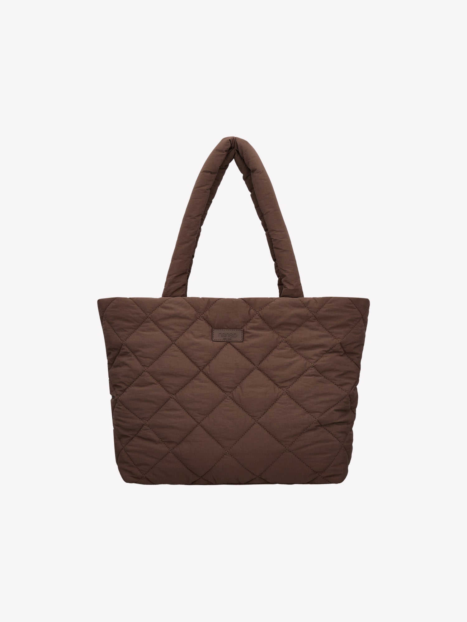 Nanson trendikäs tikkikankaasta valmistettu iso tummanruskea Maxi Vanu-totebag laukku edestä