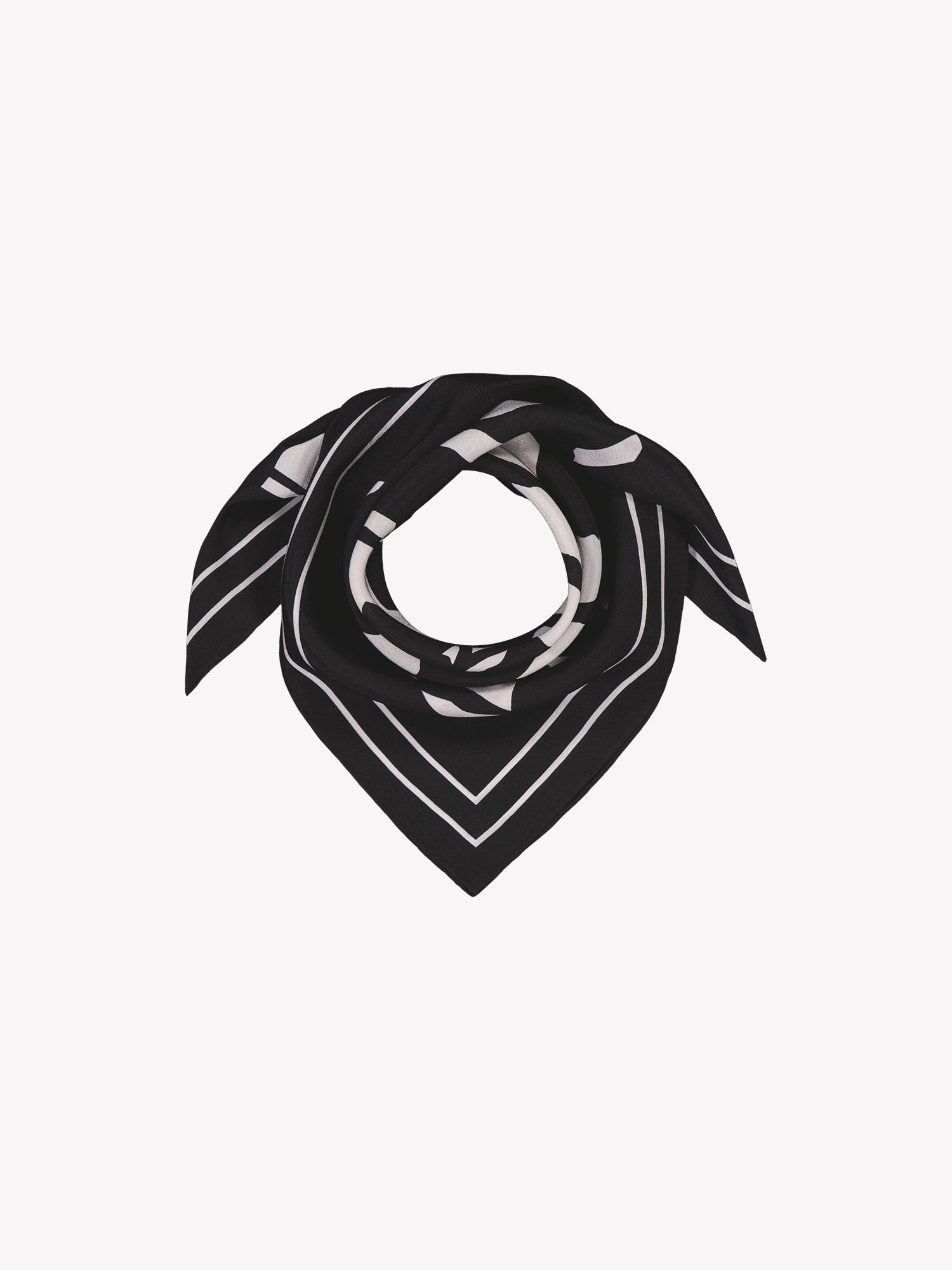 Naisten tyylikäs mustavalkoinen kuviollinen Palsta silkkihuivi tuotekuvassa.