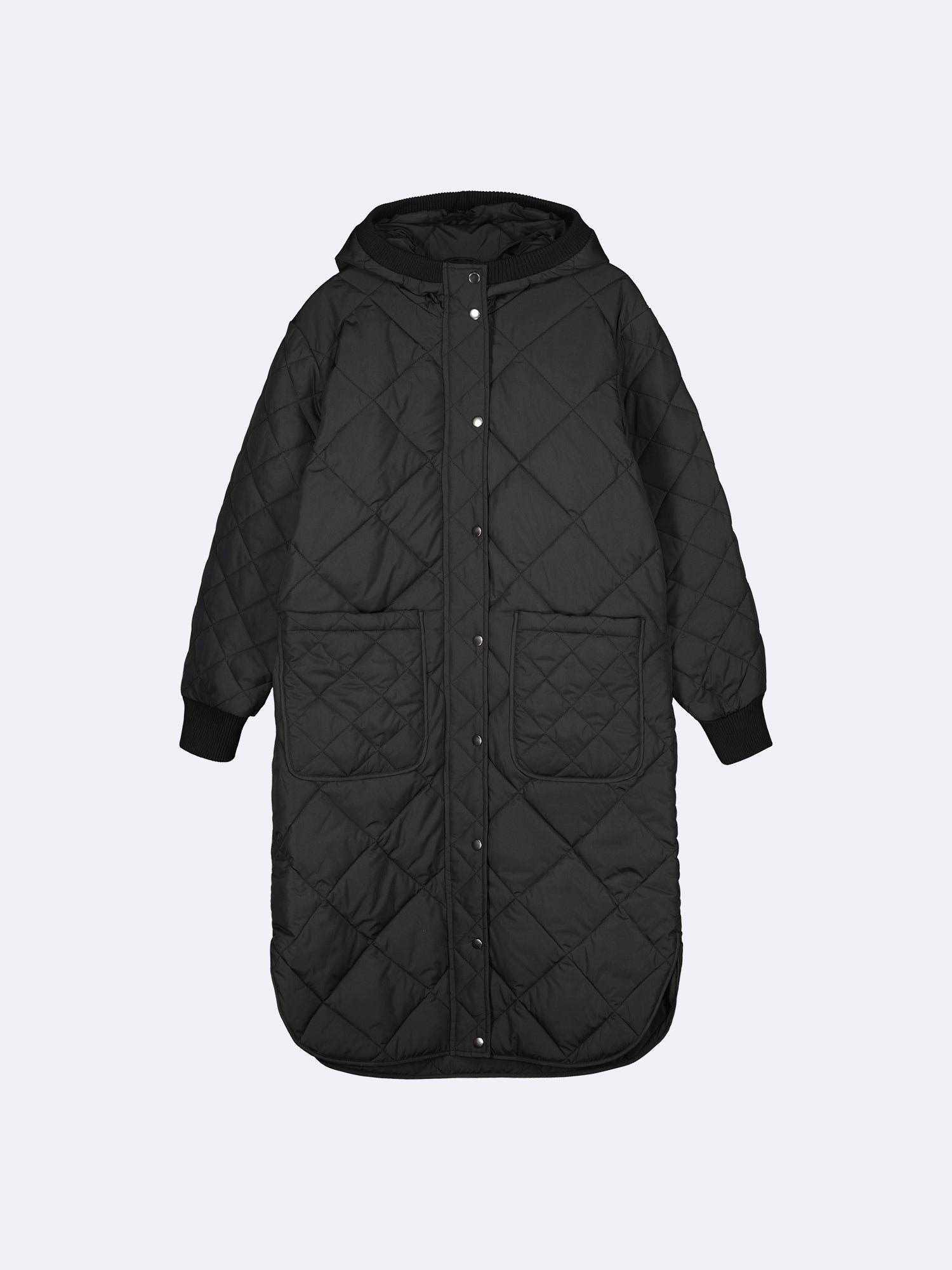 Nanson naisten rennon tyylikäs musta Maxi Hood-tikkitakki kevyellä vanulla ja lämpimällä hupulla edestä tuotekuvassa