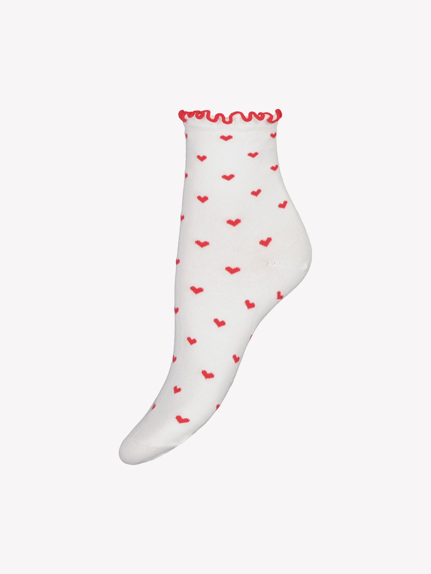 Tuotekuvassa sydänkuosillinen valko-punainen sukka.