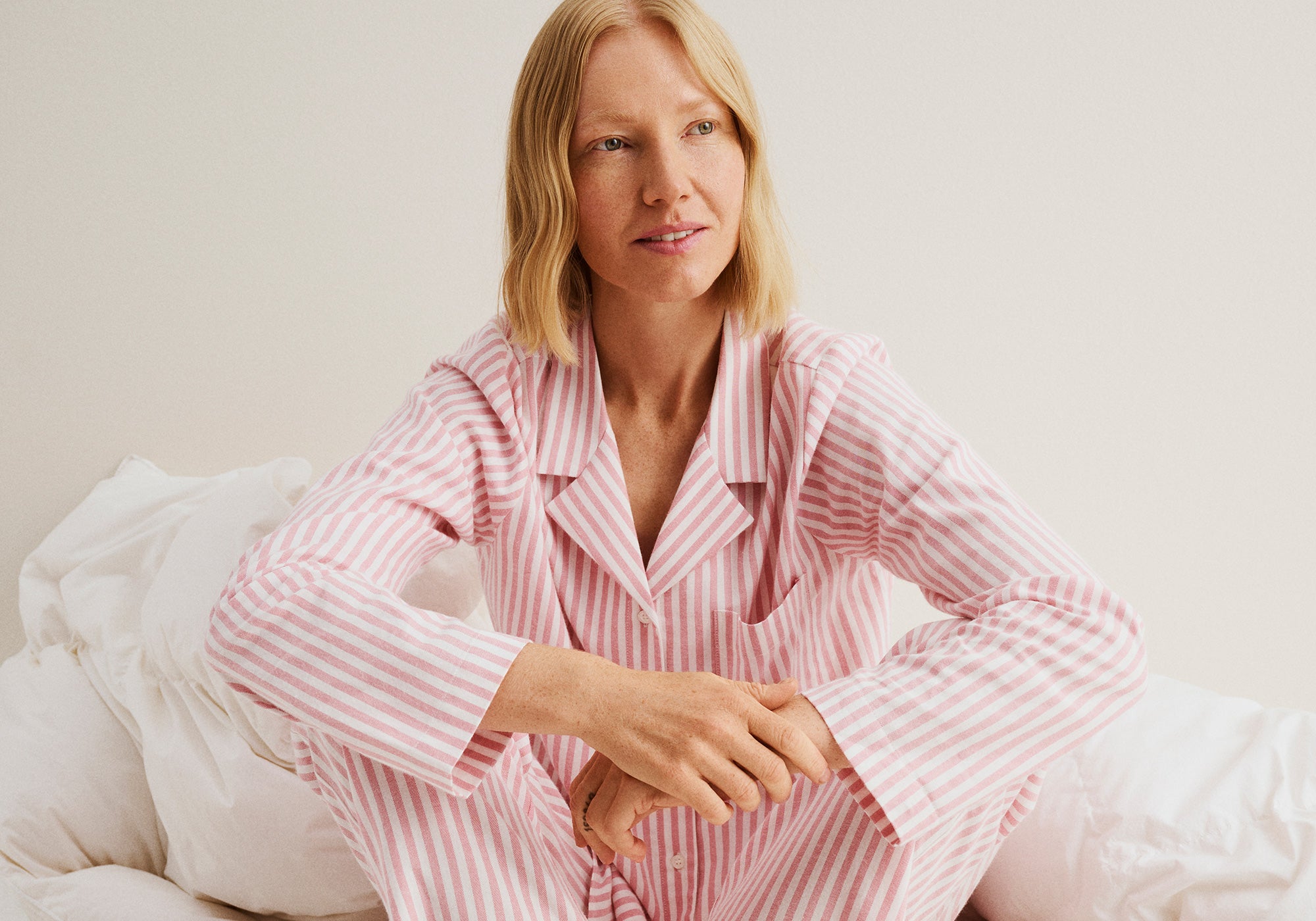 Model wearing polka pyjamas