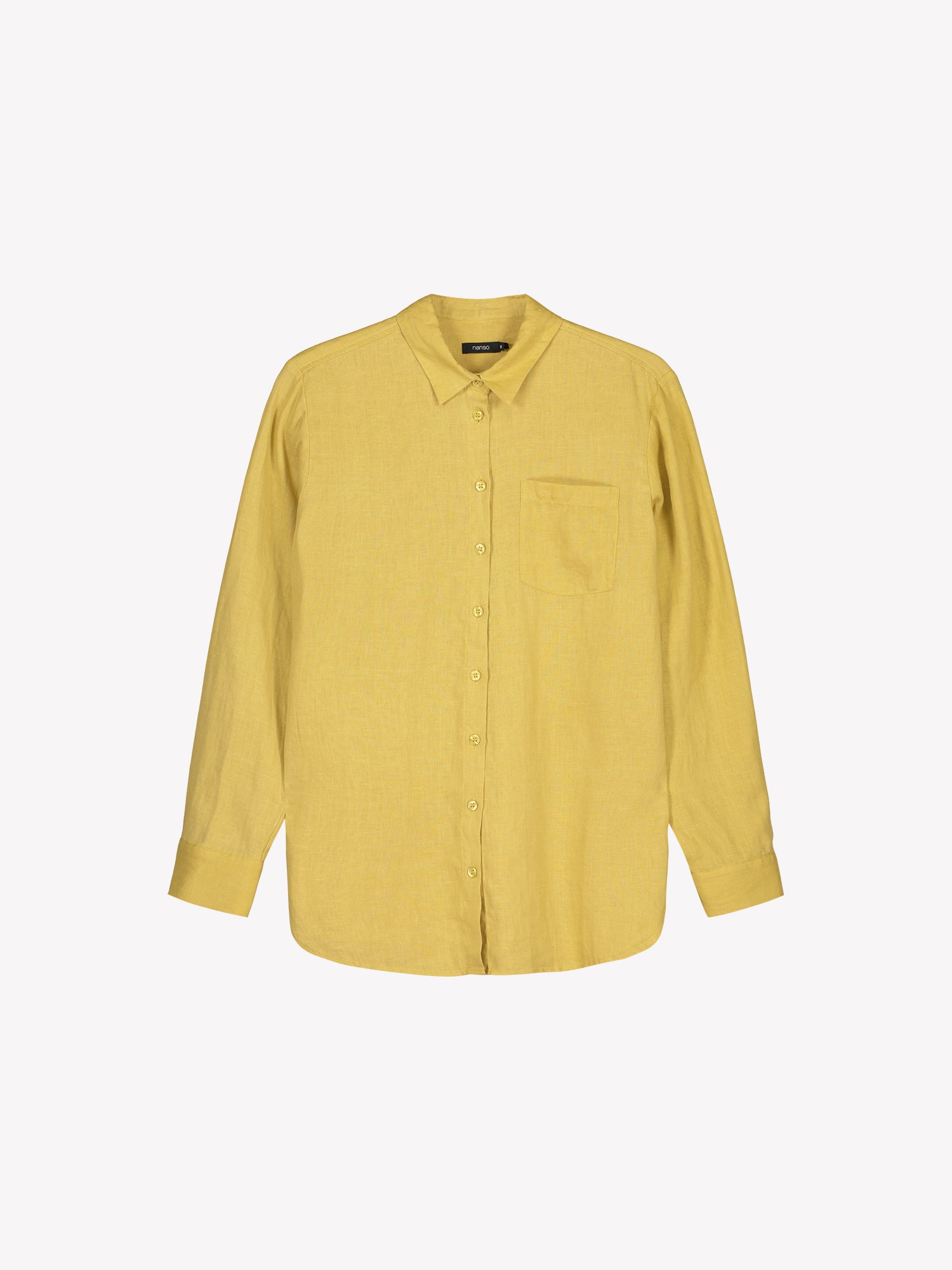 Naisten rento pitkähihainen keltainen Pellava-paitapusero tuotekuvassa edestä päin.