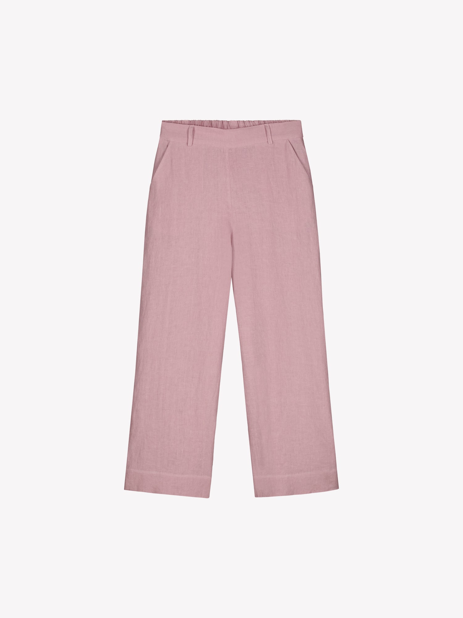 Nanson naisten roosat Saari-pellavahousut vajaamittaisilla lahkeilla tuotekuvassa edestä