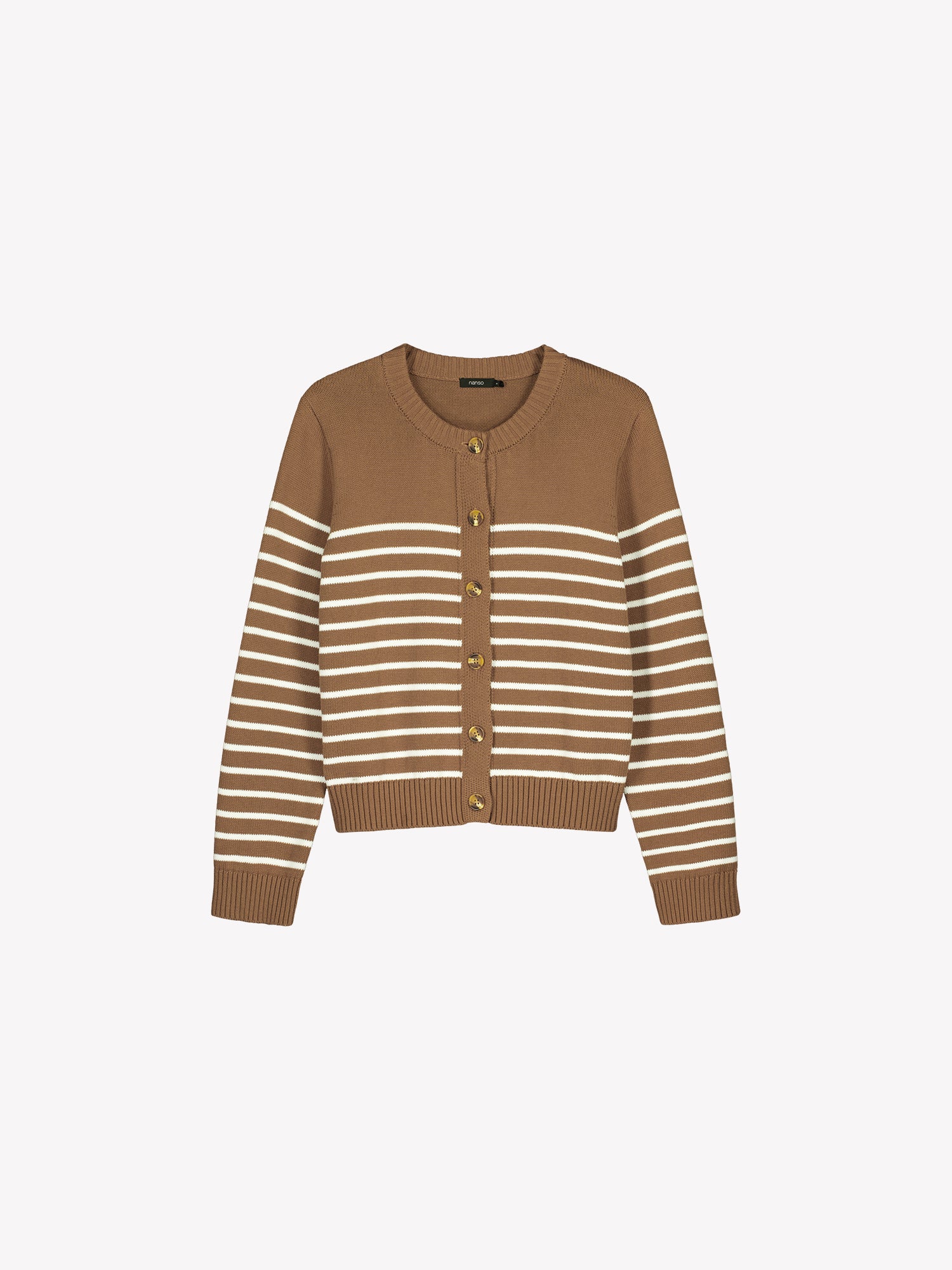 Nanson naisten pitkähihainen, ruskea-valkoinen raidallinen ja suoralinjainen Mira-neuletakki tuotekuvassa suoraan edestä päin.