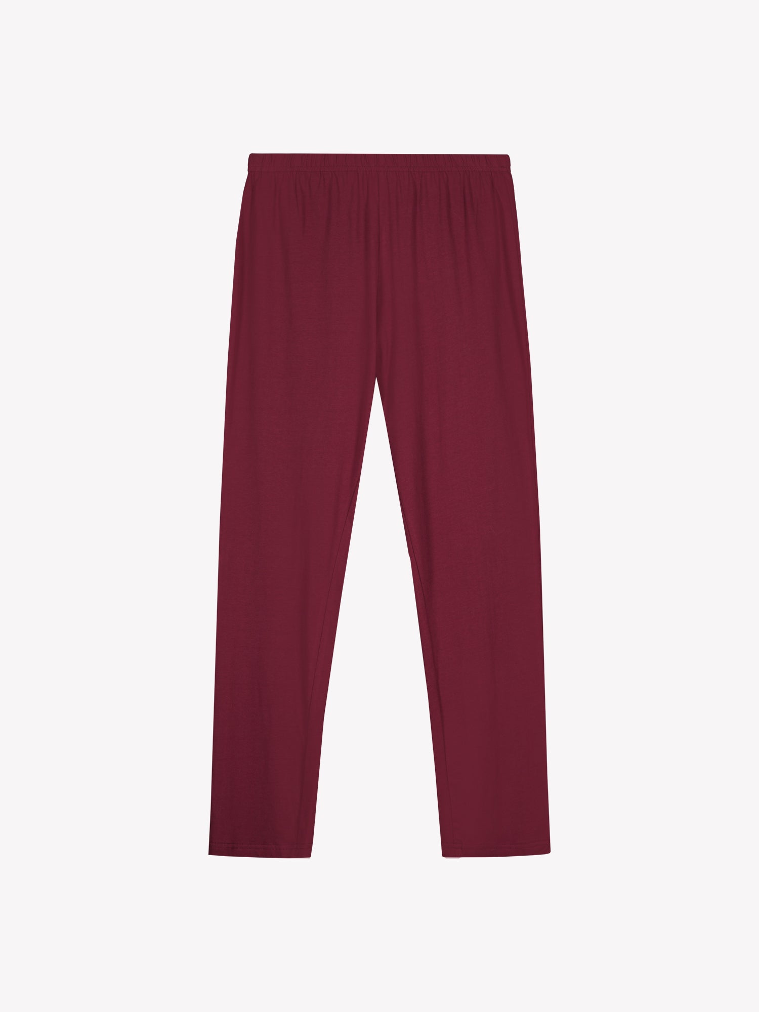 Trio pyjamasetin pitkät housut tumman punaisessa värissä tuotekuvassa.