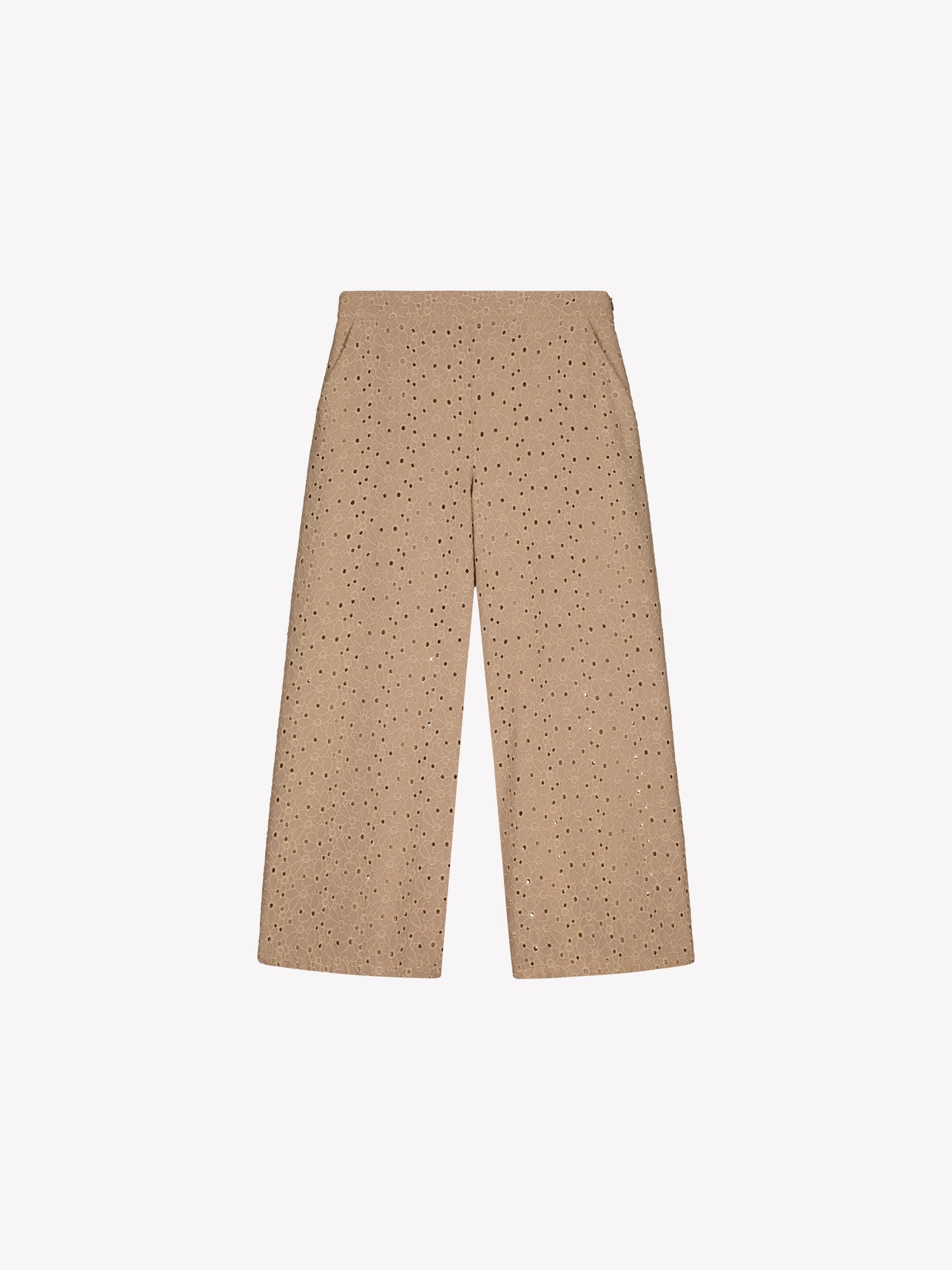 Nanson naisten beiget brodeeratut Nuppu-housut tuotekuvassa.