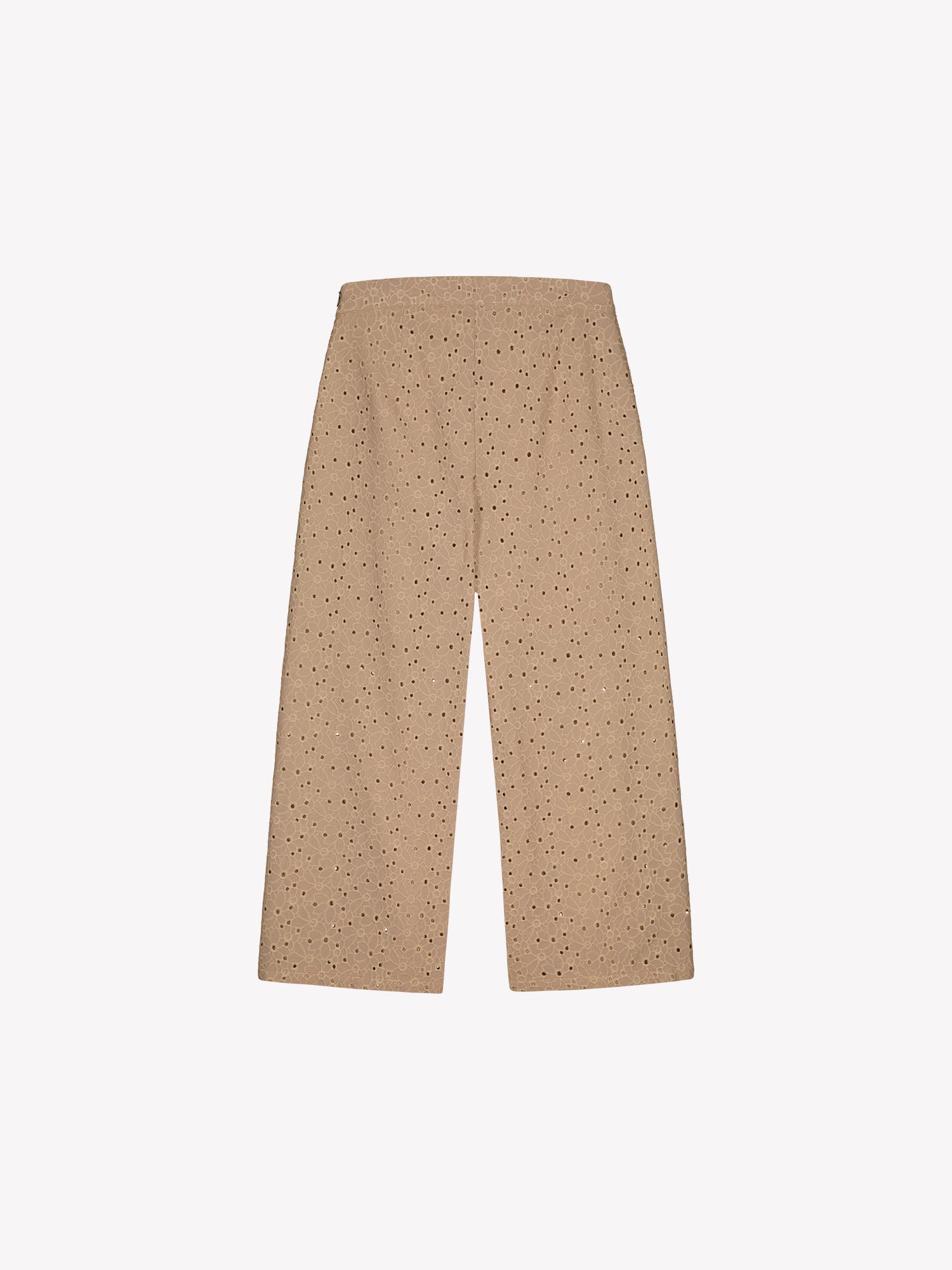 Nanson naisten beiget brodeeratut Nuppu-housut tuotekuvassa takaa päin.