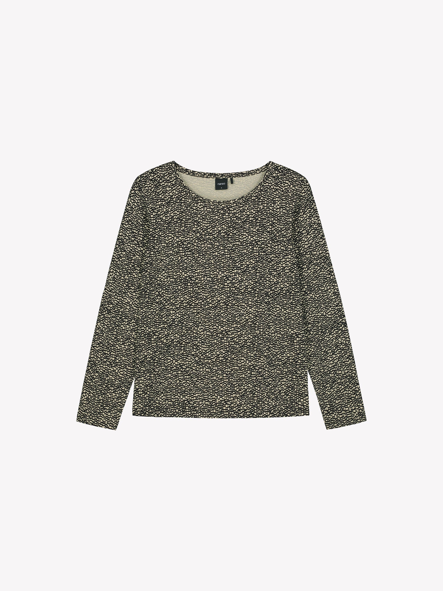 Naisten Kaislat-puserossa on harmoninen kuosi,  tereellä viimeistelty pyöreä pääntie ja täyspitkät hihat.
Tuotekuva edestä.