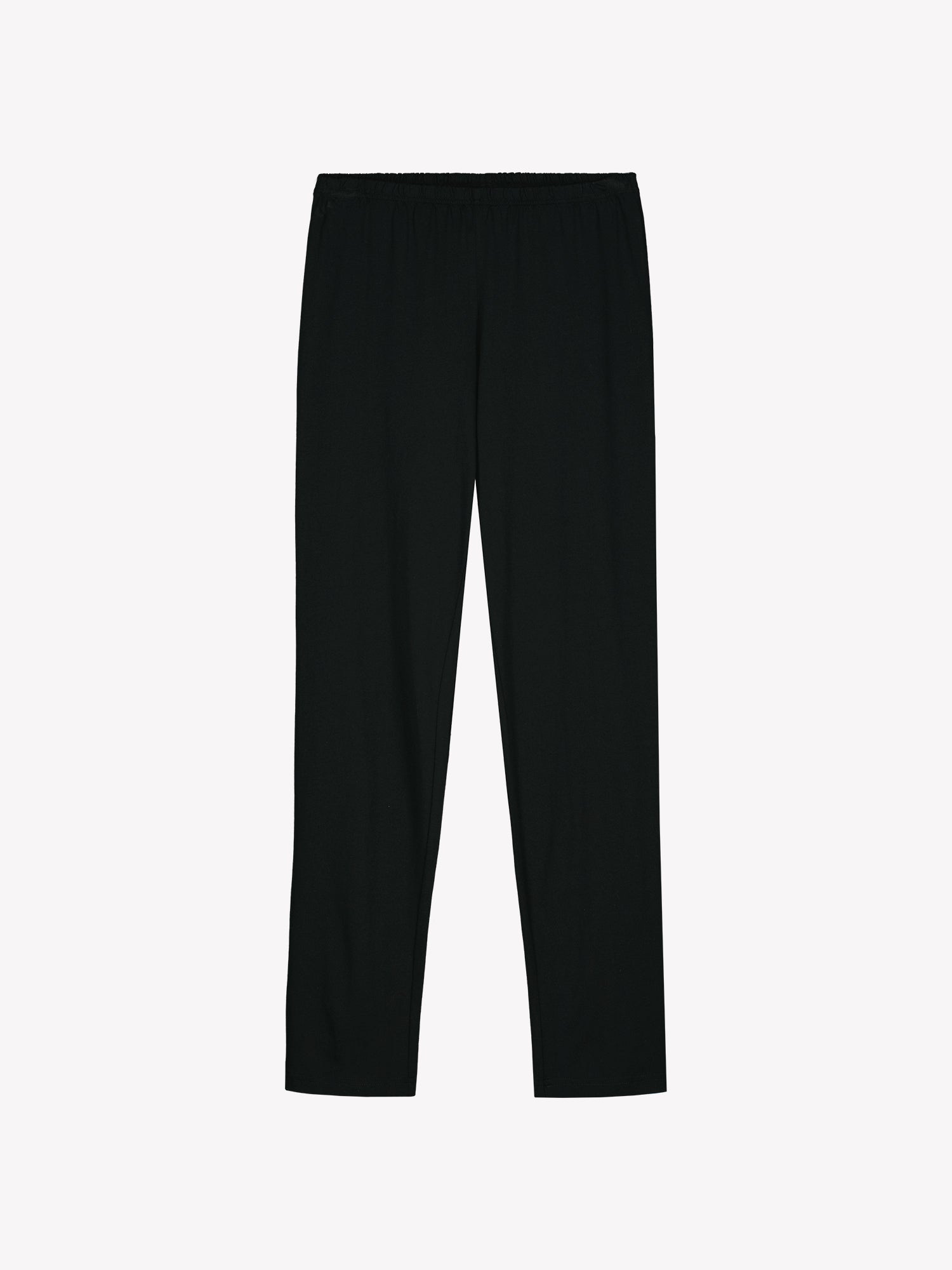 Nanson naisten musta kuosillinen Kummeli-pyjama 3/4 pituisilla hihoilla ja ovaalilla pääntiellä, pehmeää puuvilla-modaalia. Mallin päällä edestä kuvattuna. Tuotekuva housuista.