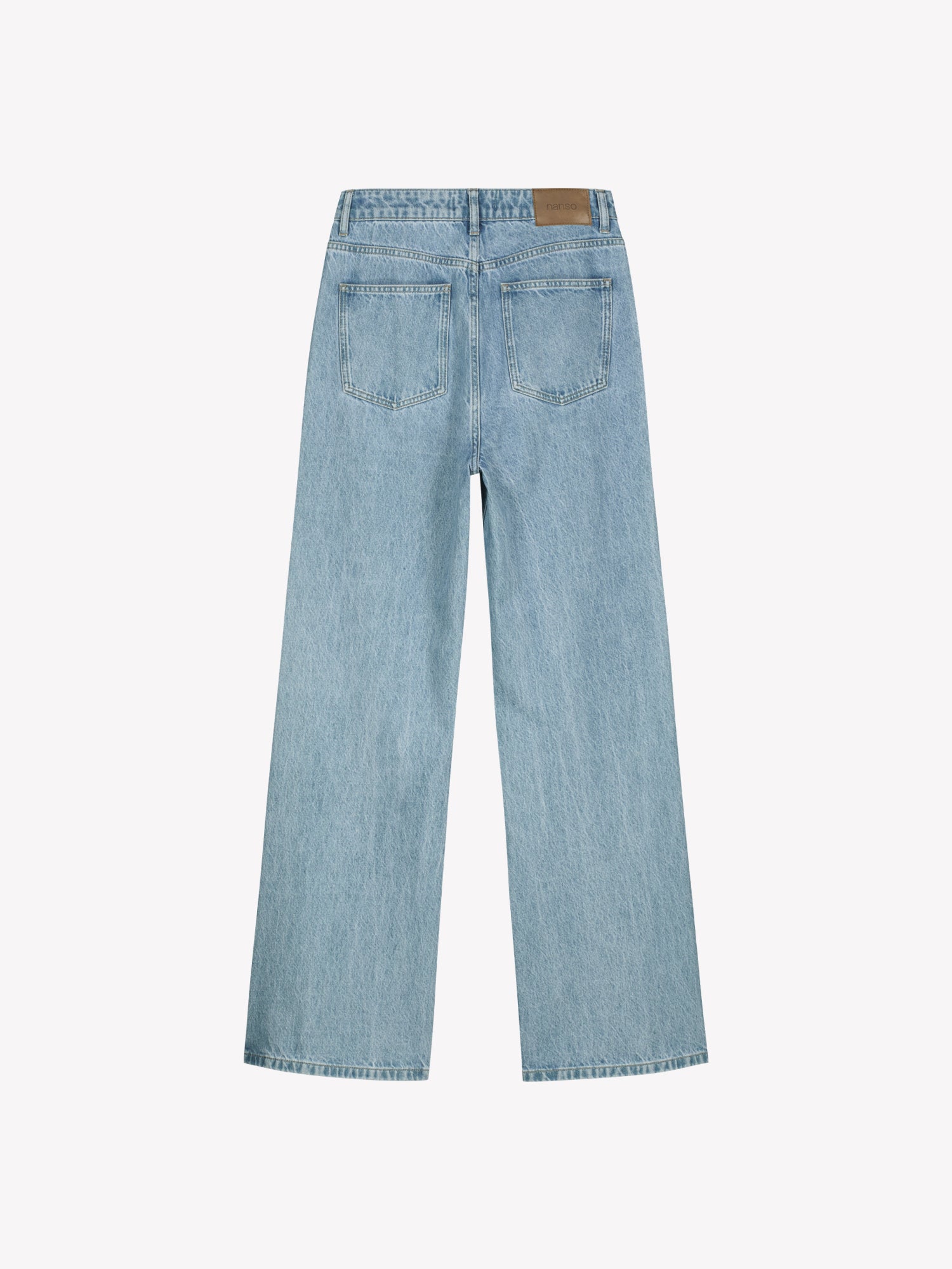 Nanson naisten vaaleansiniset leveälahkeiset Levee-farkut korkealla vyötäröllä tuotekuvassa takaa