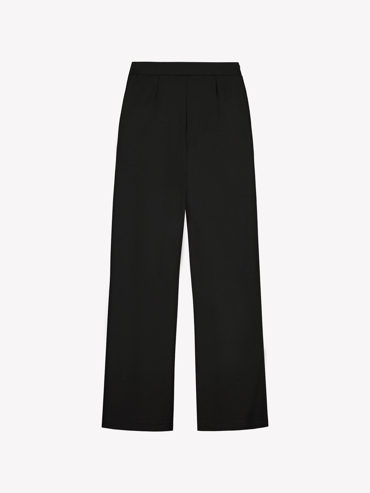 Naisten rennon tyylikkäät Roma-housut trendikkäillä levenevillä lahkeilla tuotekuvassa takaa päin.