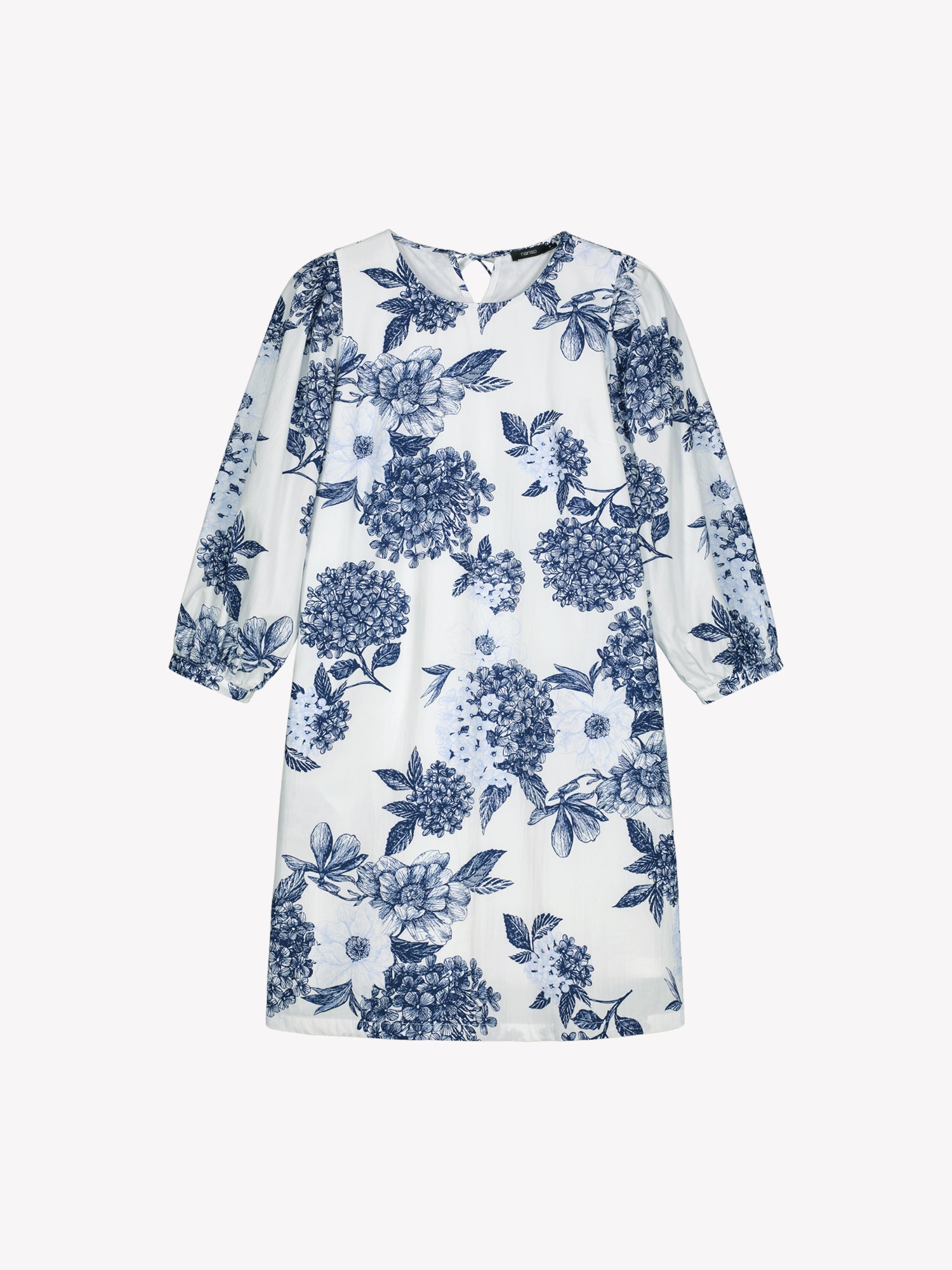 Naisten hurmaava sinivalkoinen kuosillinen Palatsi-mekko tuotekuvassa