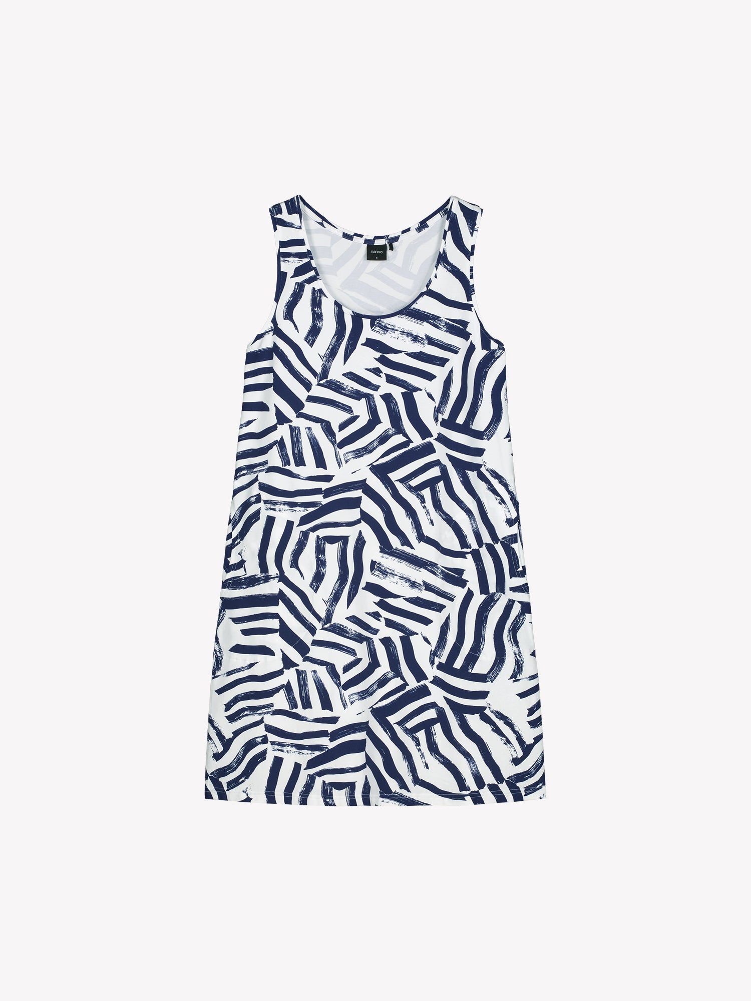 Naisten kuosillinen hihaton Seilori-mekko, jossa on raikas sinivalkoinen kuosi tuotekuvassa.