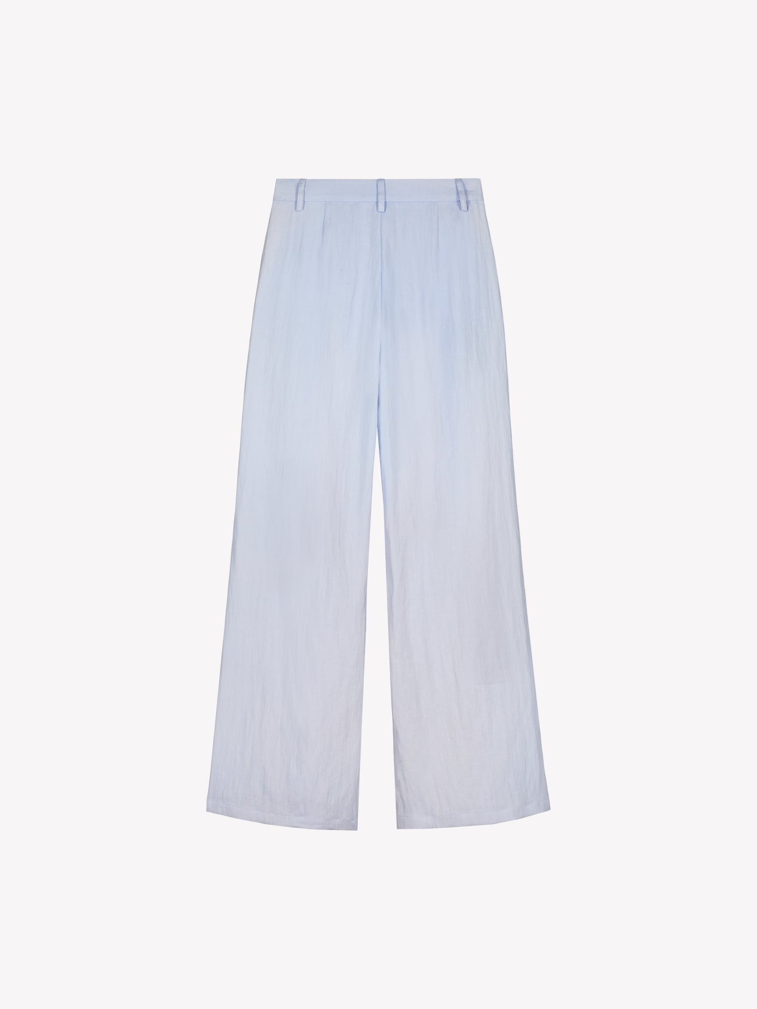 Nanson naisten pehmeän siniset tyylikkäät Nizza-housut leveillä lahkeilla tuotekuvassa takaa.