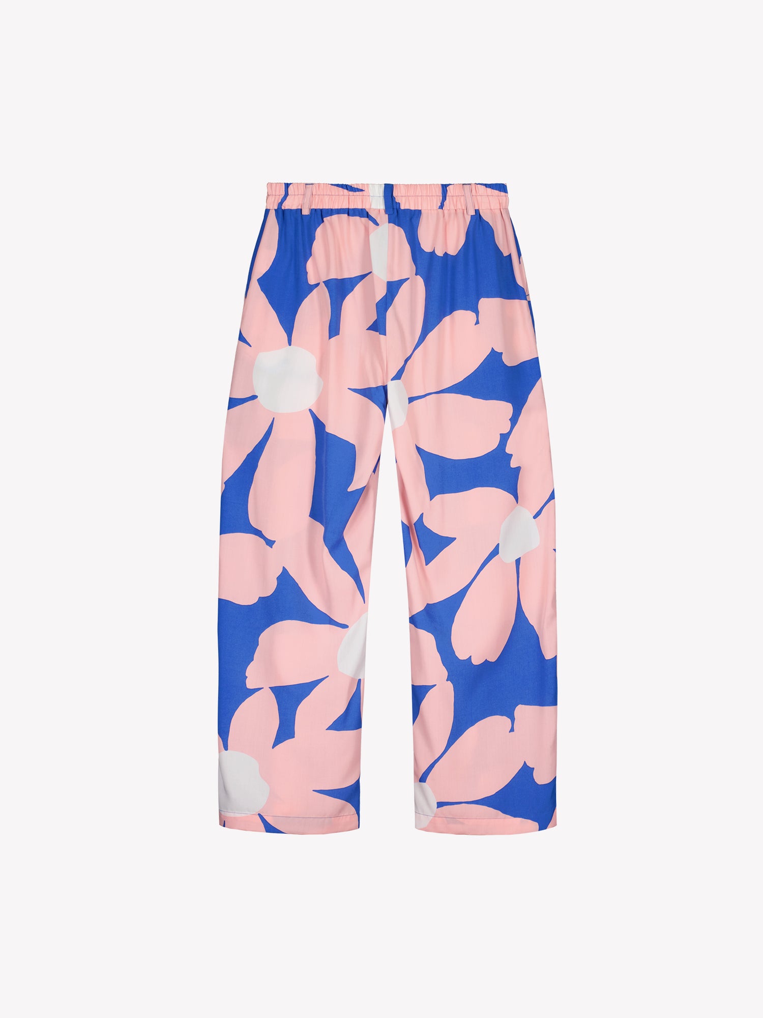 Nanson naisten mukavan rennot, leveälahkeiset sini-vaaleanpunaiset Rosi-housut tuotekuvassa takaa