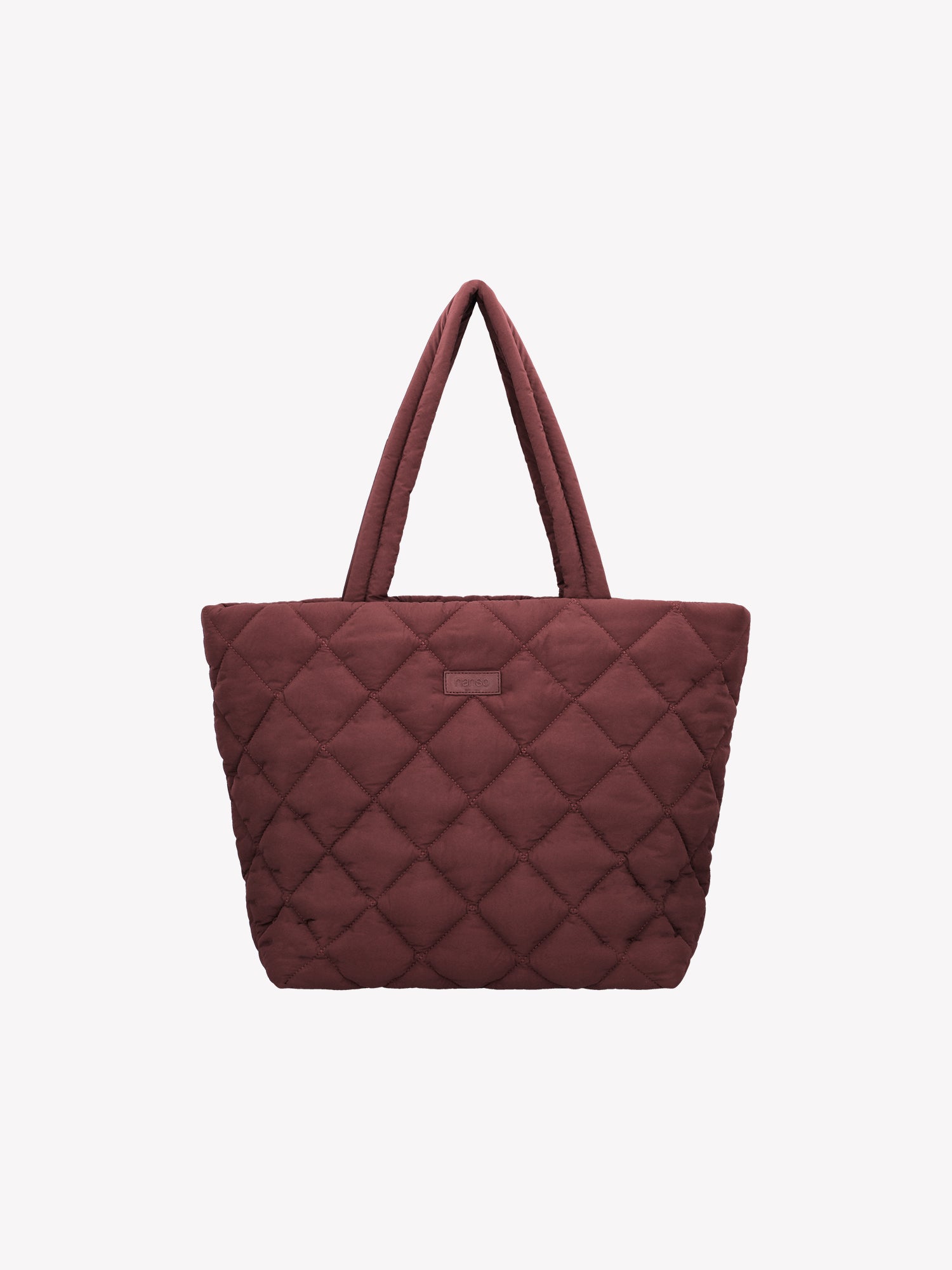 Nanson trendikäs tikkikankaasta valmistettu iso viininpunainen Maxi Vanu-totebag laukku tuotekuvassa edestä.