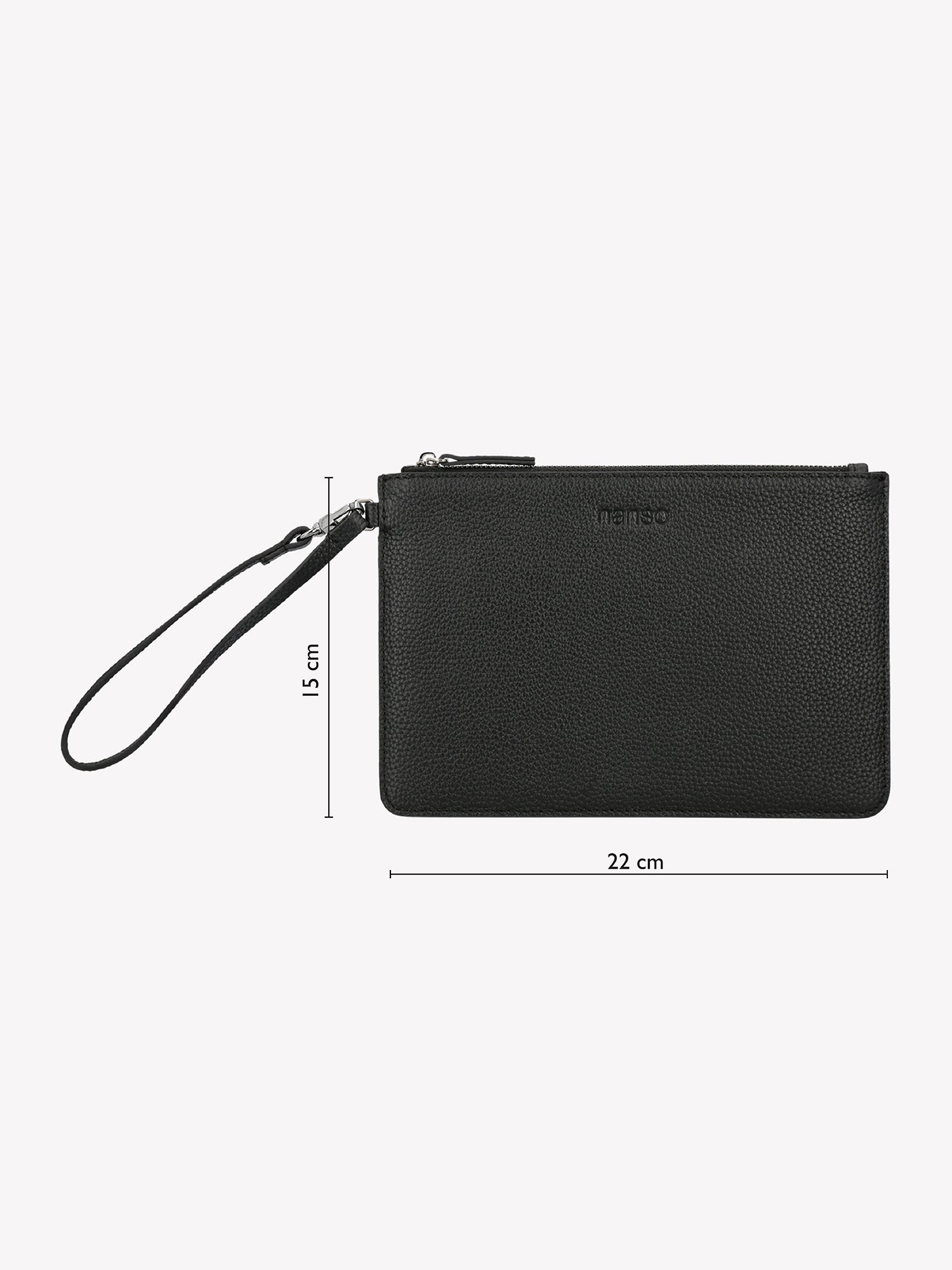 Nanson musta Naru Pieni nankalaukku tuotekuvassa, jossa mitat. Korkeus 15 cm ja leveys 22 cm.