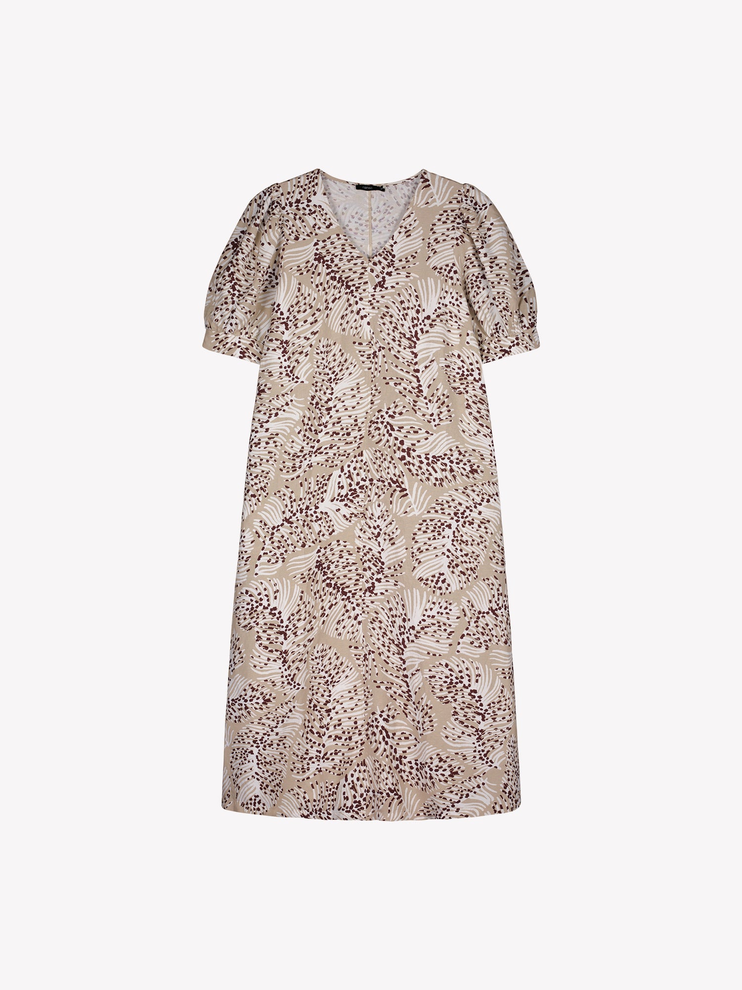 Nanson naisten midimittainen Hilde-kangasmekko, jossa tyylikkään graafinen ja herkkä beige kuosi, tuotekuvassa.