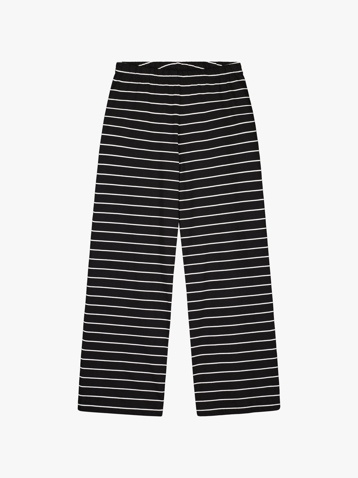 Nanson naisten klassinen Niva-pyjama hurmaa ajattomalla mustavalkoisella raitakuosillaan. Tuotekuvassa pyjamahousut.