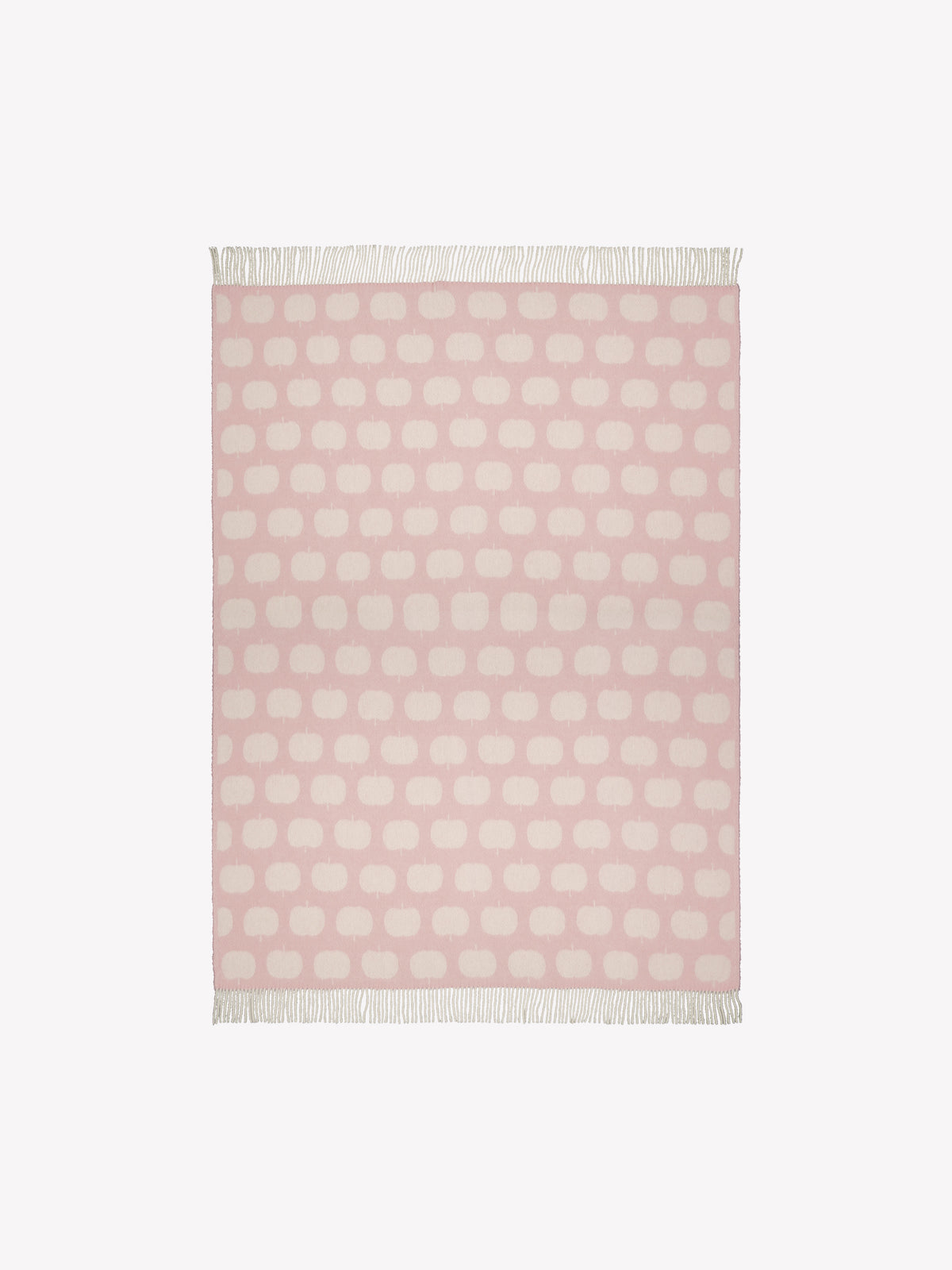 Nanson villainen roosan sävyinen Omppu-villahuopa, jonka lyhyitä sivuja koristaa kierrehapsut. Villahuopa on kudottu jacquard-tekniikalla. Tuotekuva auki.