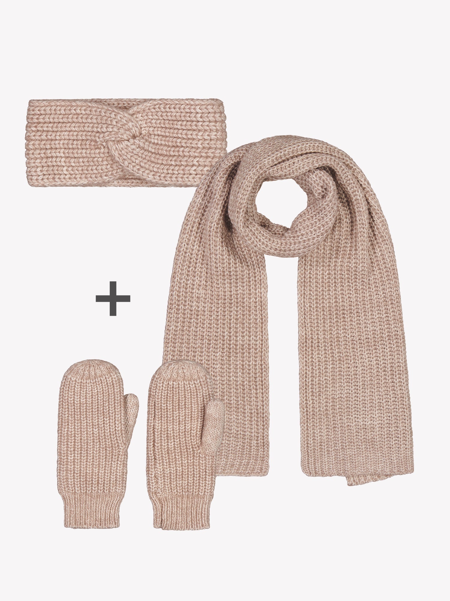 Muhkea HUURRE asustesetti sisältää kaulahuivin, lapaset ja pannan beigenä. Upea setti sopii vaikka lahjaksi lämmittämään talven viimoilta.  kuva setistä.