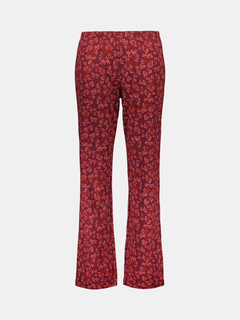Nanson naisten kuosillinen punasävyinen Punaherukka-pyjama pitkillä hihoilla ja ovaalilla pääntiellä.
