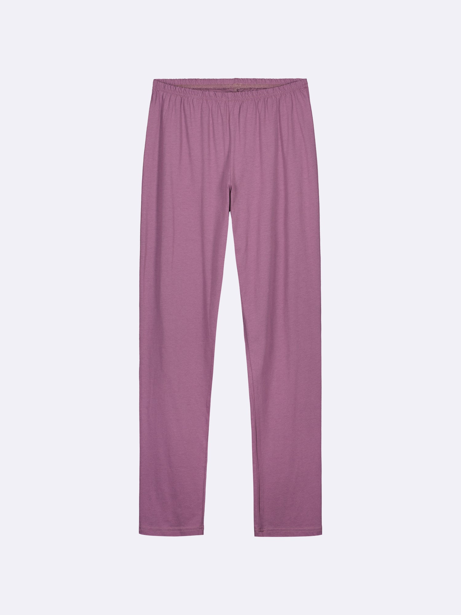 Nanson naisten kuosillinen mauven eli vaalean violetin sävyinen Tuike-pyjama. Pyjamahousut tuotekuvassa edestä.